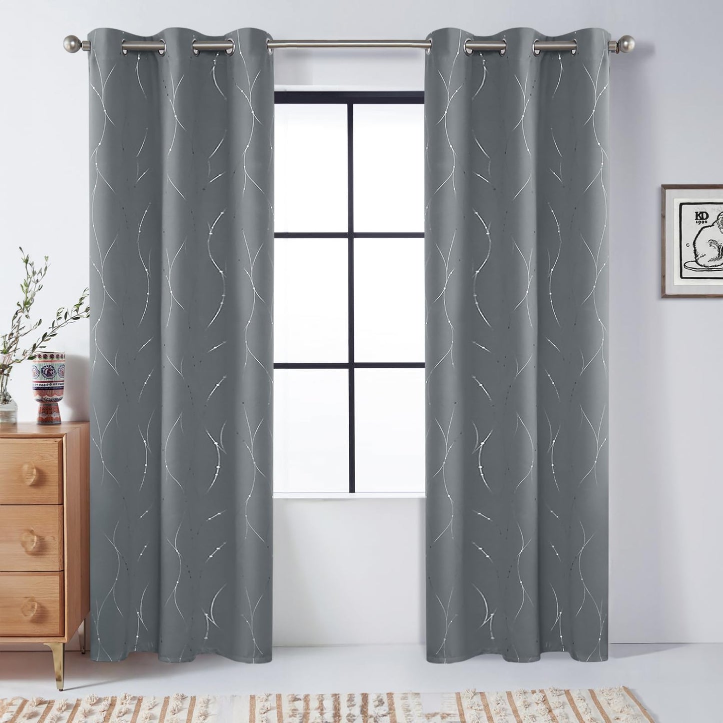 BUHUA Blackout Curtains for Bedroom 2 Panels Set, Grommet Thermal Insulated Room Darkening Window Curtains & Drapes with Wave Line and Dots Printed for Living Room, 38W x 84L Inch, Light Grey