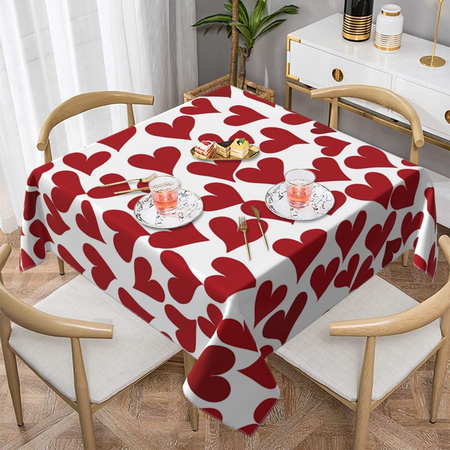 Entemne Square Table Cloth 55x55 Inch Red Love Heart Pattern Tablecloth Washable Soft Wrinkle Free Dust Proof Card Table Cover for Tea Party Picnic Kitchen Dining Decor