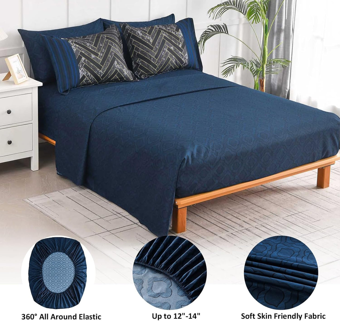 Luxudecor Navy Blue Comforter Set King Size, 7 Pieces Stripe Geometric Bed in a Bag, Soft Microfiber Navy Comforter and Sheet Set Complete Bedding Sets for All Seasons 104"×90"