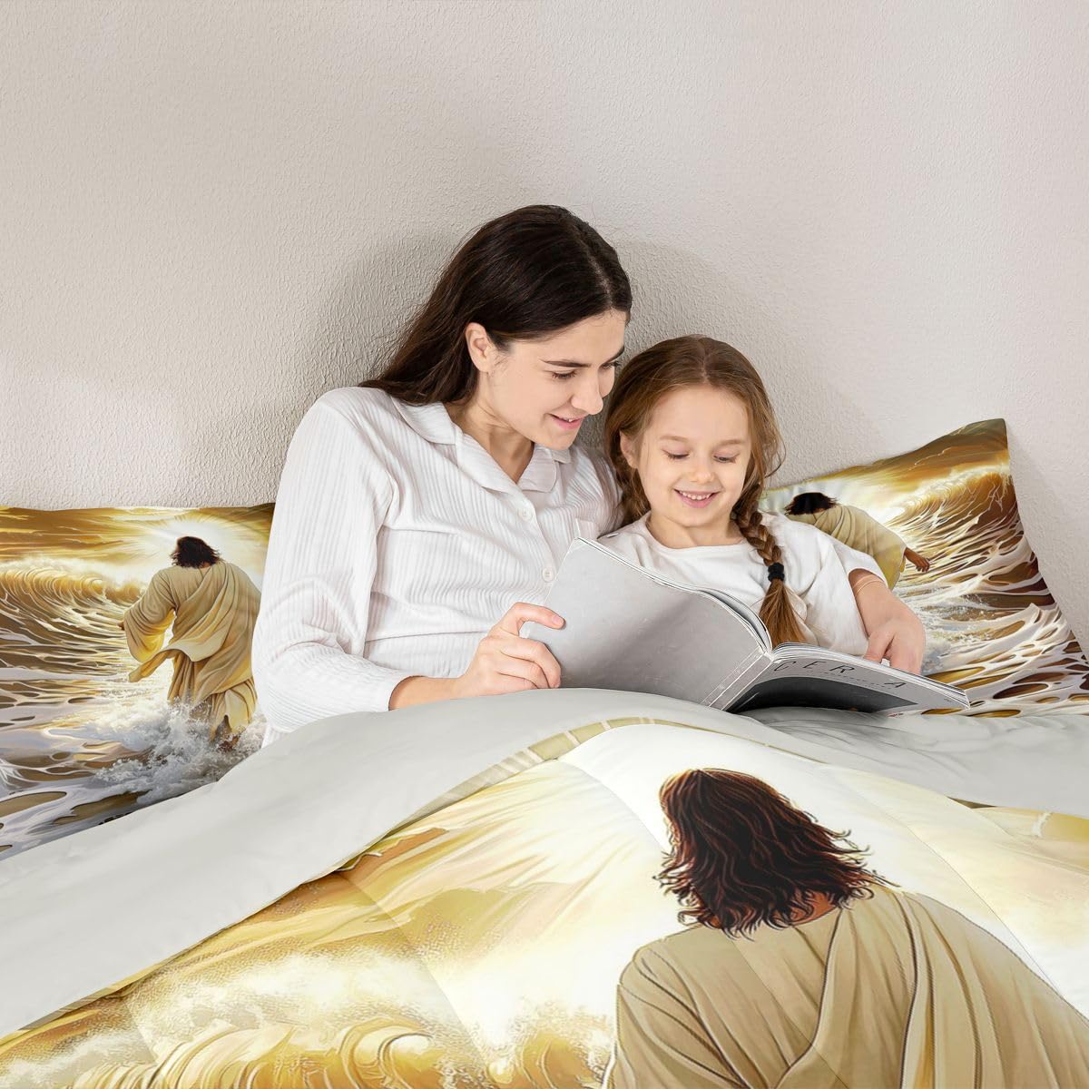 Manfei God Walking on Water Girls Bedding Set Twin Size,Bible Verse Western Faith Comforter Set,Golden Ocean Divine Light Quilt Comforter Girls Boys Teens,Golden Room Decor All Season,1 Pillowcase