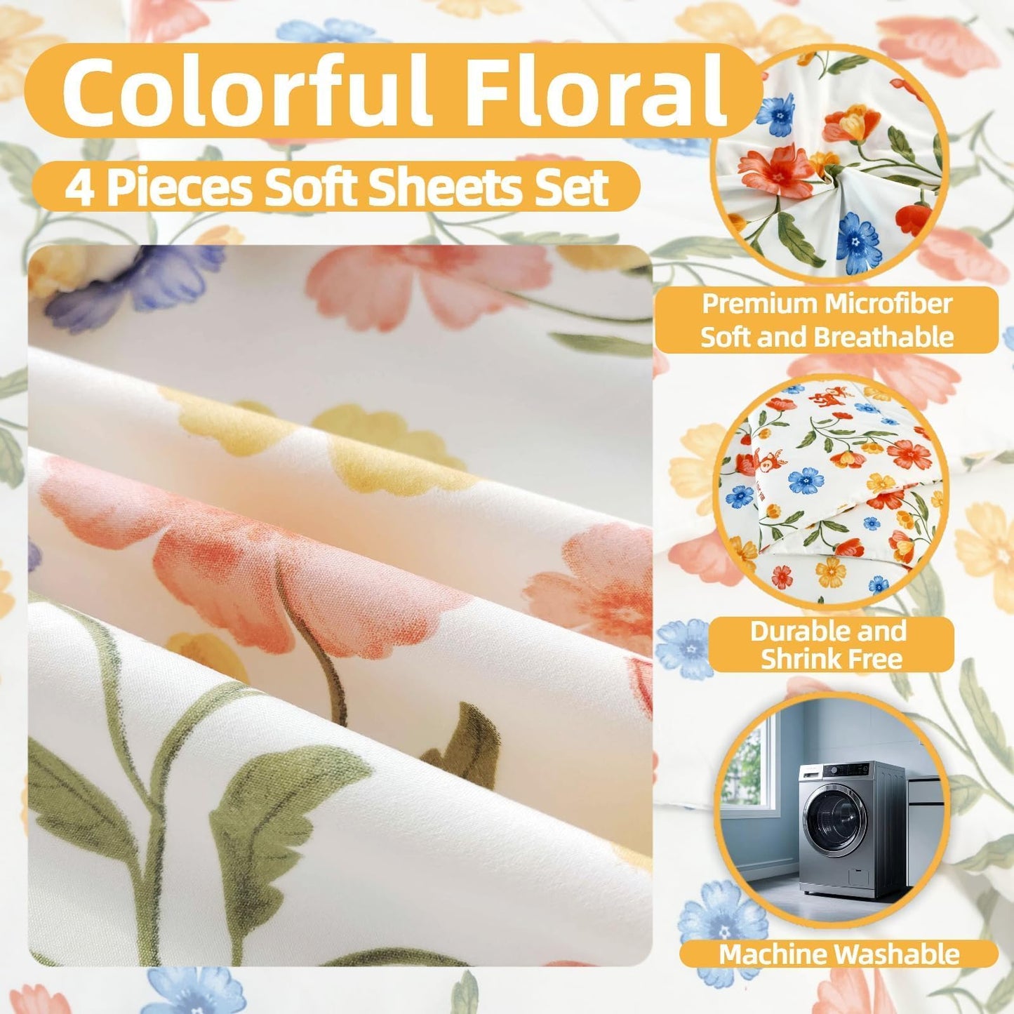 SDIII 4PCS Pink and Yellow Floral Twin Sheet Set, Soft Microfiber Twin Floral Sheets, Wrinkle and Fade Resistant, Cozy Home Decor on Amazon