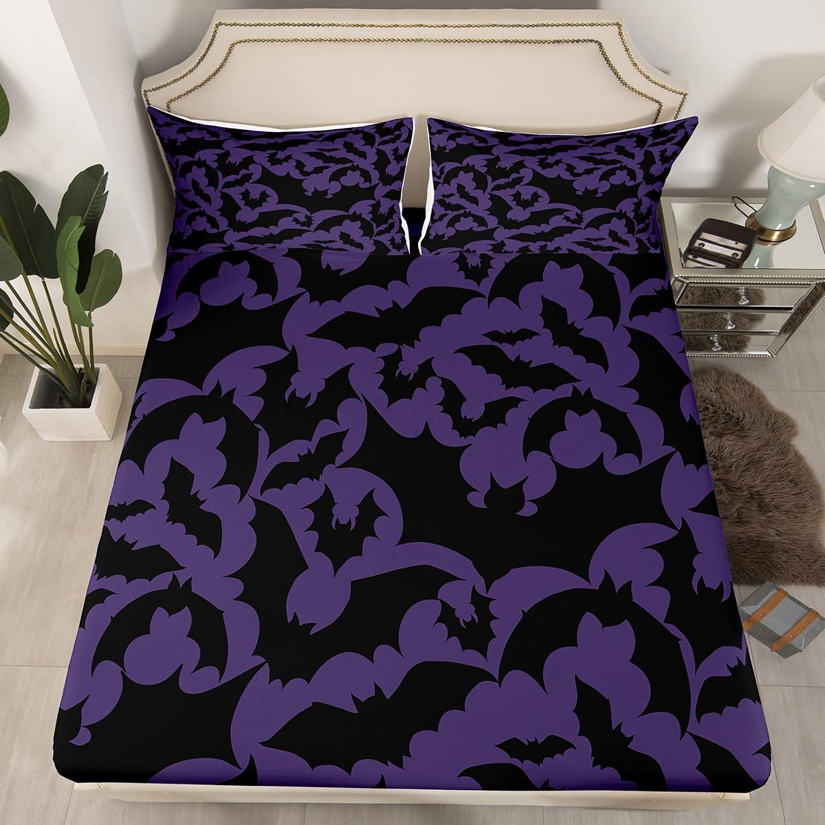 Castle Fairy Halloween Themed Full Fitted Sheet 4pcs,Black Bats Animal Print Bed Sheet Set for Girls Teens Bedroom,Dark Purple Color Polyester Bedding Set with 1 Flat + 2 Pillowcases