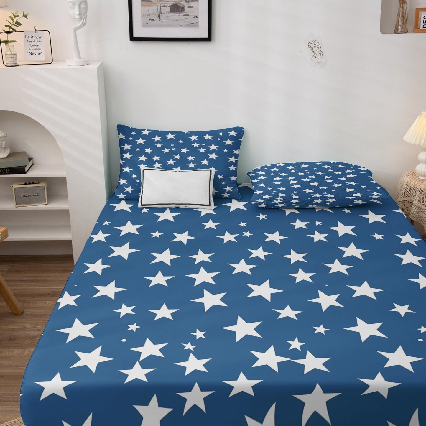 NOGAWA Cartoon Star Sheets Cal King, Kids Boys Blue Bed Sheets, Deep Pocket & Soft Microfiber Bedding Sheets & Pillowcases 4 Piece - Fitted Sheet & Flat Sheet & 2 Pillow Cases
