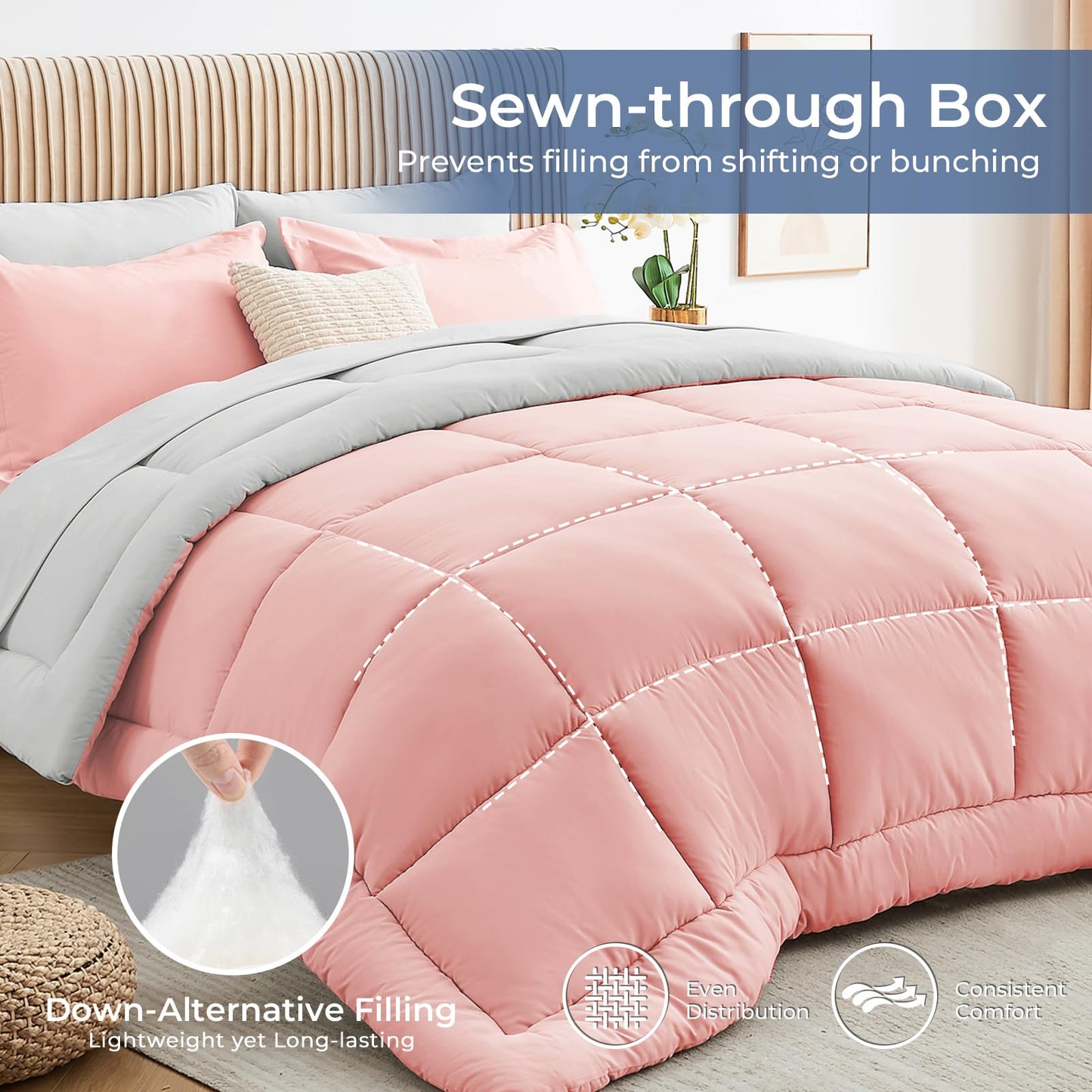 Sasttie Queen Comforter Set, 7 Pieces Reversible Bed in a Bag Queen, Complete Bedding Set Includes Comforter, Flat Sheet, Fitted Sheet, Pillowcases and Pillow Shams, Pink & Light Grey