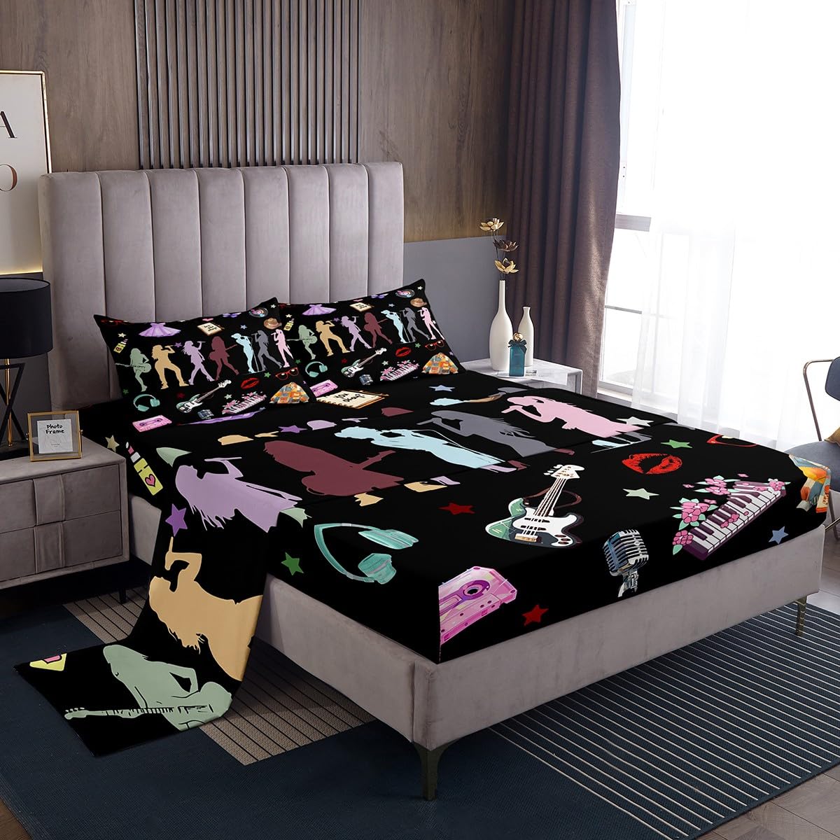Erosebridal Music Theme Bed Sheets King Girls Singer Sheet Set for Kids Boys Girls Black Musicl Aesthetics Sheets Music Lovers Gifts Fitted Flat Sheets 4 Piece
