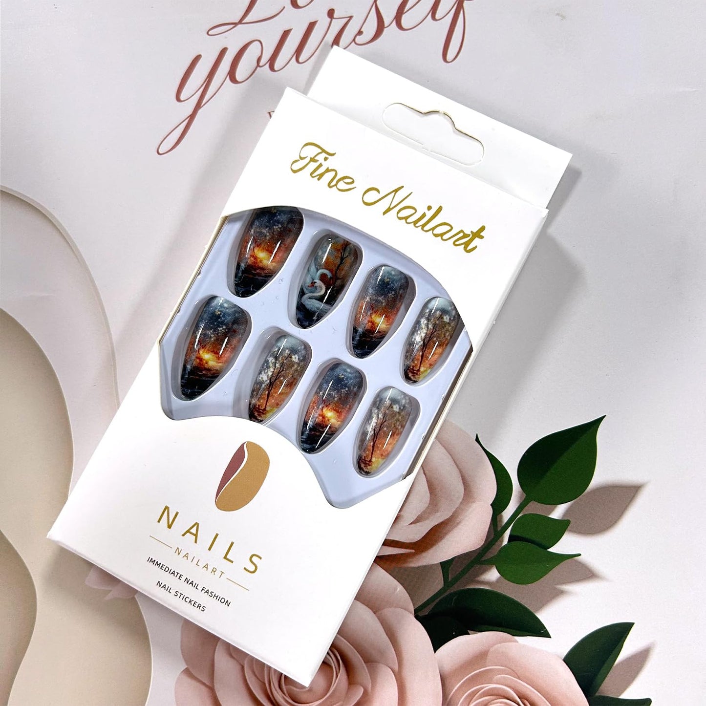 Swan Lake Press on Nails Almond Medium Length Jungle Flame Smudge Acrylic False Nail French Tip Press Ons Stick on Nail Full Cover Glossy Artificial Fingernails Reusable Gel Glue on Nails for Women