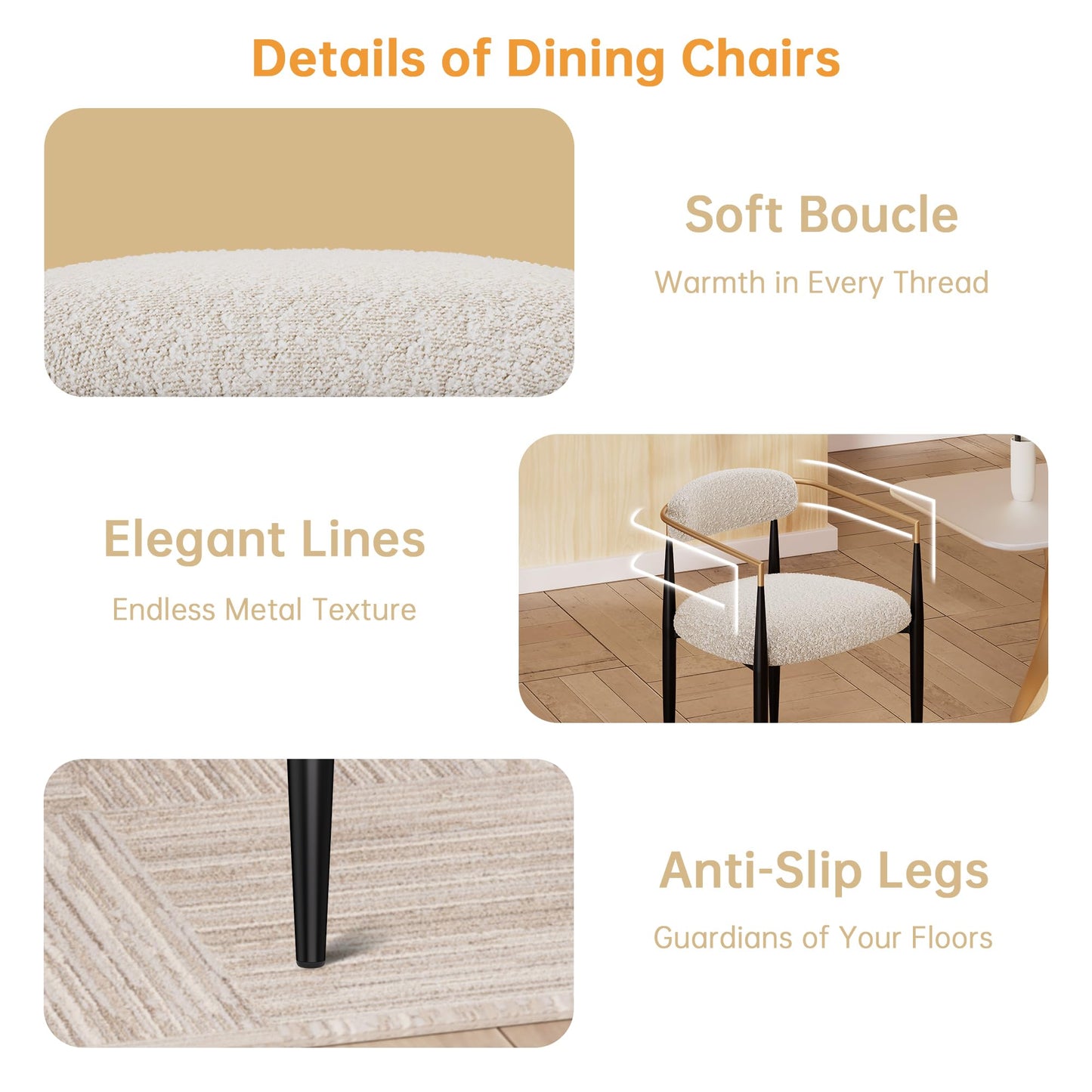 Morden Fort Modern Dining Chairs Set of 2, Cream Boucle Dining Chairs with Upholstered Cushions and Gold Arms for Kitchen, Living Room and Apartment