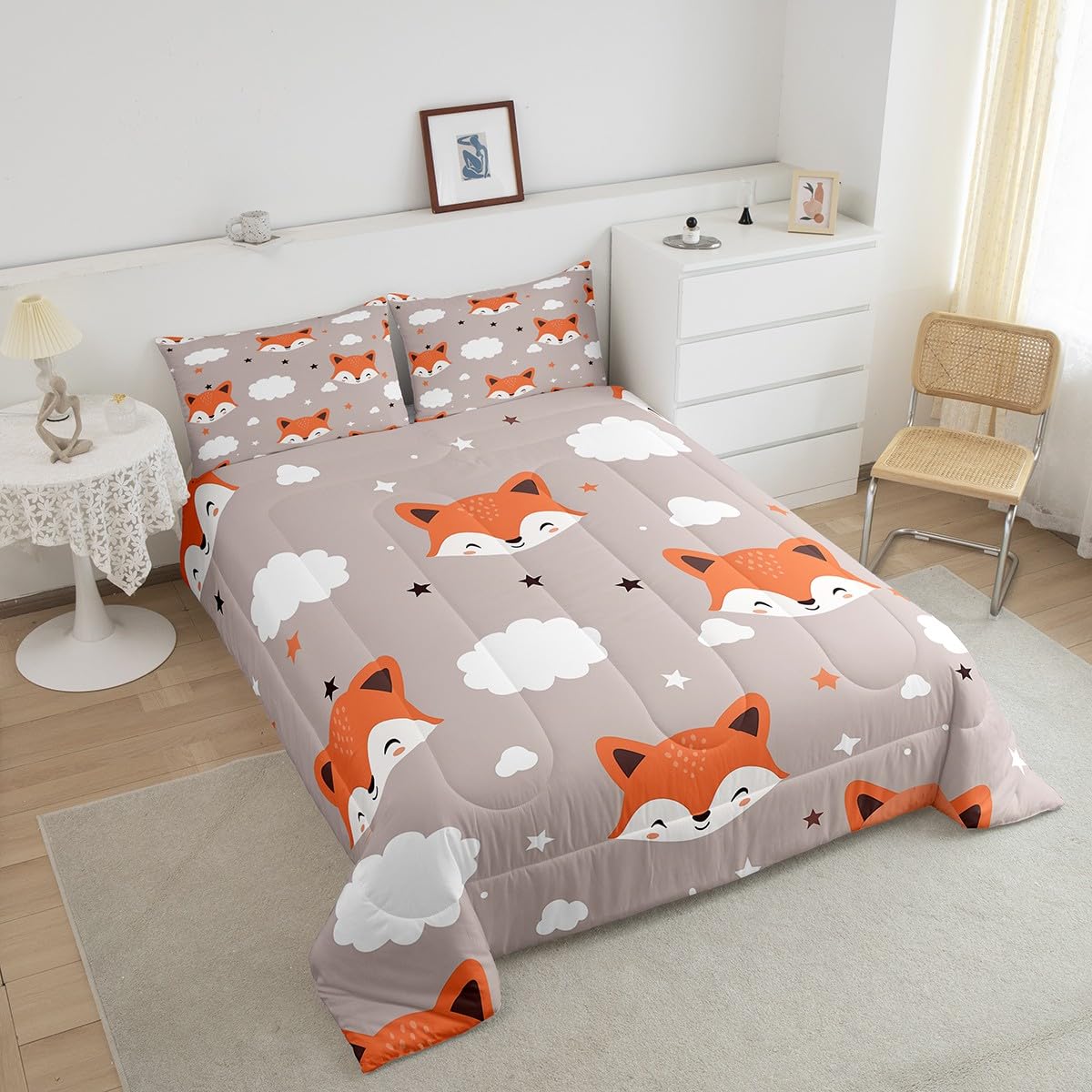 Feelyou Cute Fox Comforter Set Twin Size Kids Cartoon Fox Bedding Set for Boys Girls Teens Animal Star Cloud Comforter Breathable Woodland Fox Duvet Set Nature Wildlife Quilt Set