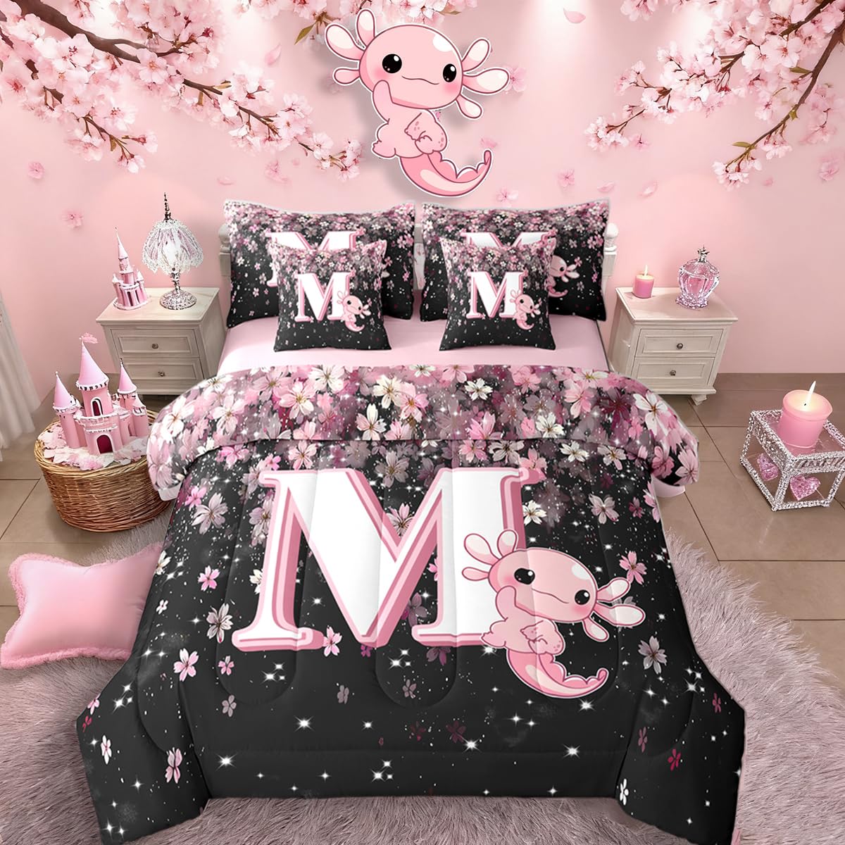 Erosebridal Twin Size Pink Black Alphabet M Bed in A Bag with Cute Axolotl Design - Japanese Cherry Blossom 7 Pieces Bedding Set Cute Axolotl Comforter Set with Sheets Initial Letter Gift for Her
