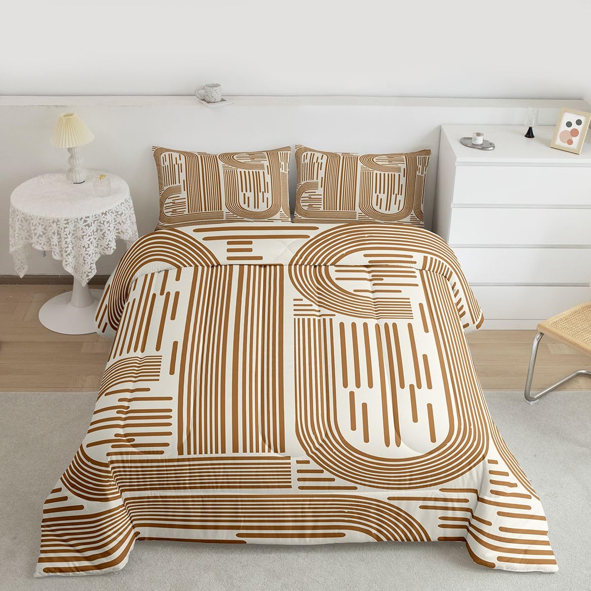 Feelyou Orange Modern Abstract Bedding Set Soft for Boys Girls, Boho Rainbow Comforter Set Queen Size Bohemian Geometric Duvet Quilt Microfiber Bedroom Decor 3 Pcs with 2 Pillow Cases