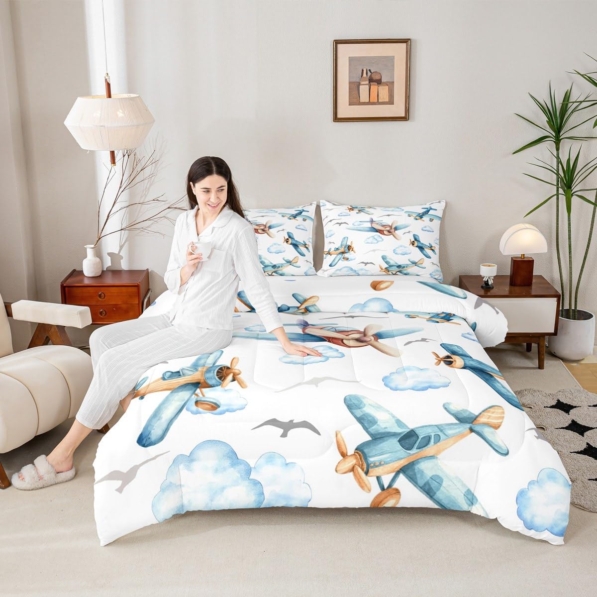 Erosebridal Boys Cartoon Propeller Plane Full Comforter Set, Aircraft Airplane Bedding Set, Blue Clouds Comforter for Kids Child Girls Adults Bedroom, Flying Birds Animals Duvet Insert