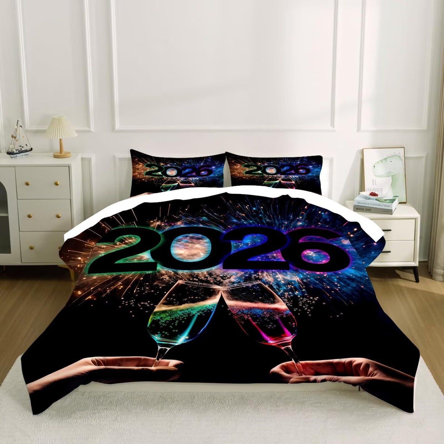 kxry Happy 2026 Year Bedding Sets Celebrate Champagne Comforter Set 3 Pieces of Machine Washable Soft Quilt for Kids Teen Girls King Size