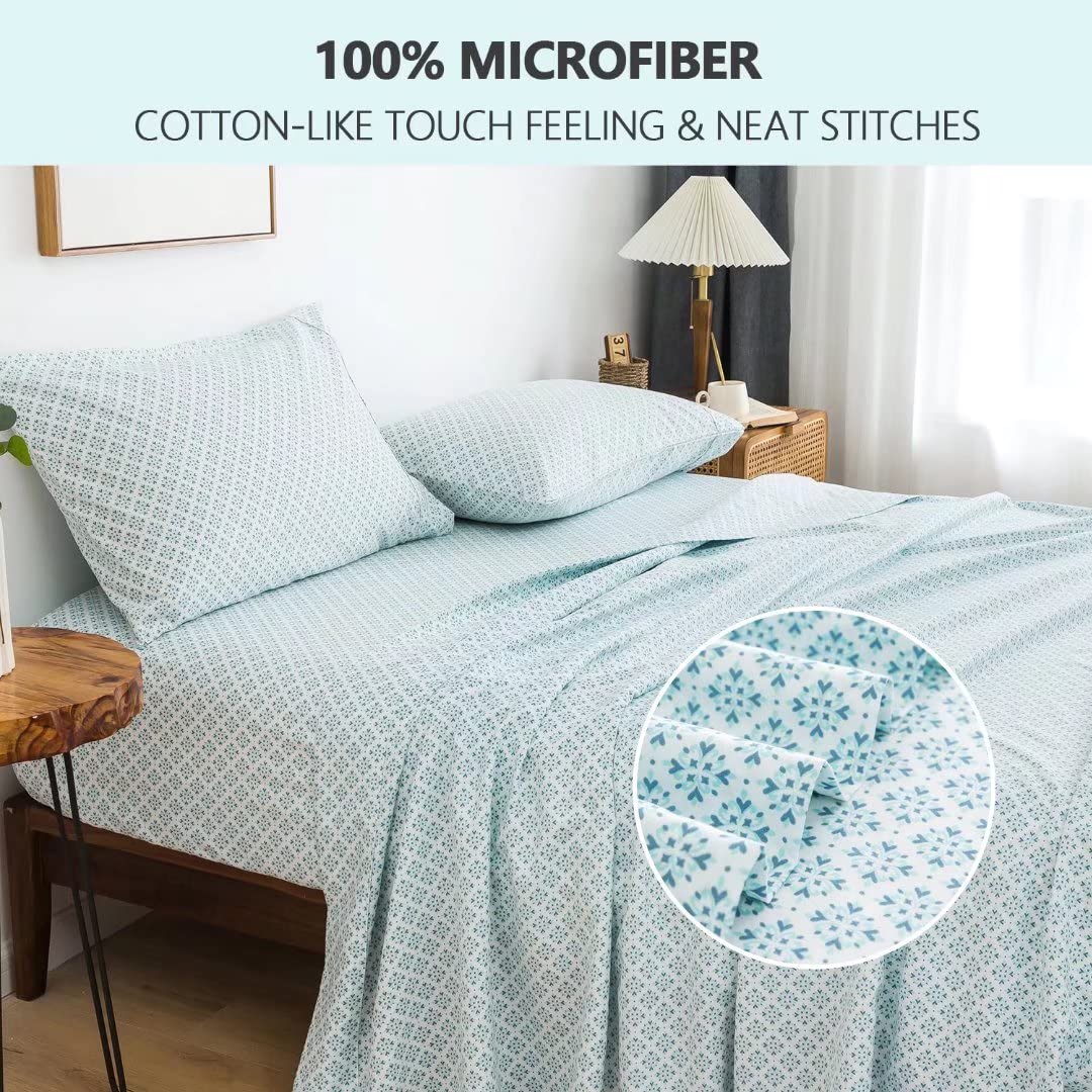 California King Sheet Set 4PC Printed Greenish Blue Floral Pattern Double Bed Luxury Cooling Soft 100% Microfiber Brushed Sheets 17” Deep Pocket, Easy Care, Breathable, Wrinkle Free, Machine Washable