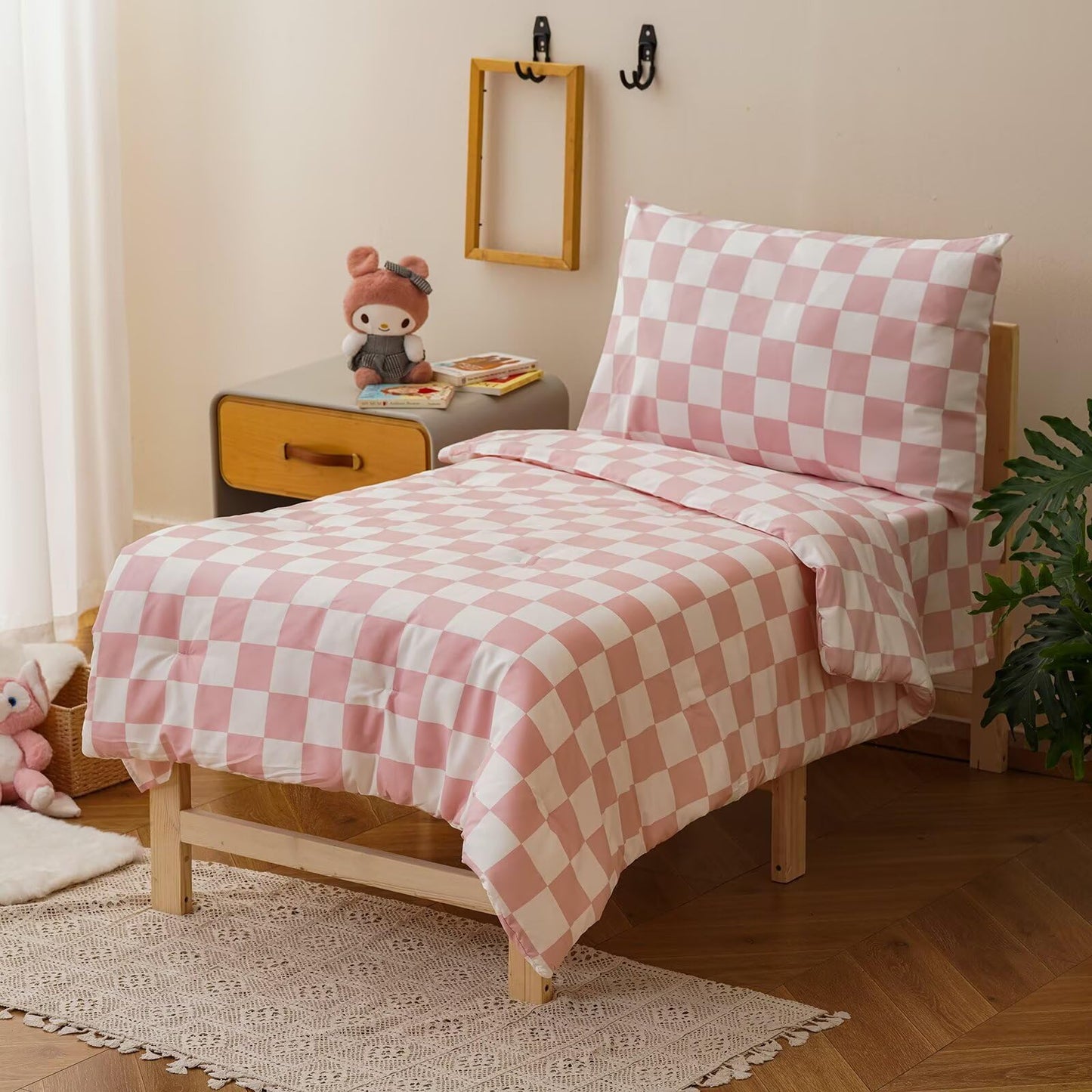 CLOTHKNOW Pink White Plaid Toddler Bedding Sets for Girls 4Pieces Grid Comforter Checkerboard Bedding Sets Soft Crib Bed Sets