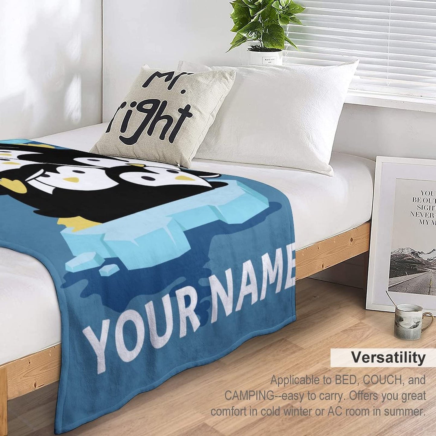 Personalized Penguin Blanket Gifts with Name - 60"x80" Cute Throw Blanket for Adults, Kids - Blue Soft Plush Blankets for Bed, Couch & Living Room