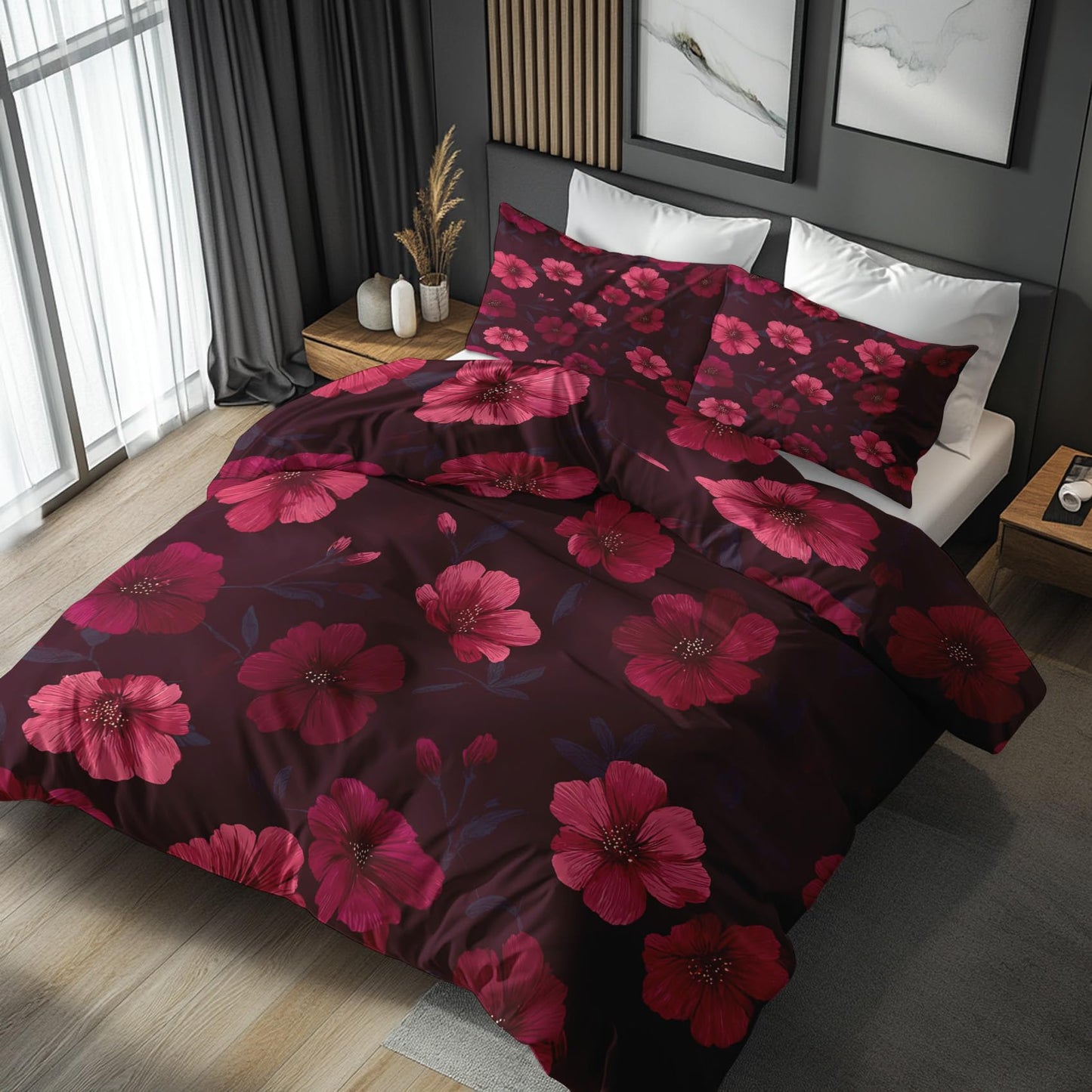 Burgundy Pink Floral Full Duvet Cover Set 3 Piece, Botanical Flower Reversible Bedding with 2 Pillow Shams, Zipper & Ties, Ultra Soft Microfiber, Floral Bedroom Decorations 79A-I