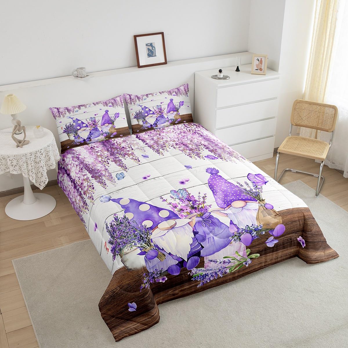 Manfei Cute Gnomes Comforter Set Queen Size, Purple Vine Flower Butterfly Quilt Set with 2 Pillowcases, Lavender Bouquet Bedding Set 3pcs for Kids Boys Girls Grey Wood Plank Duvet Insert