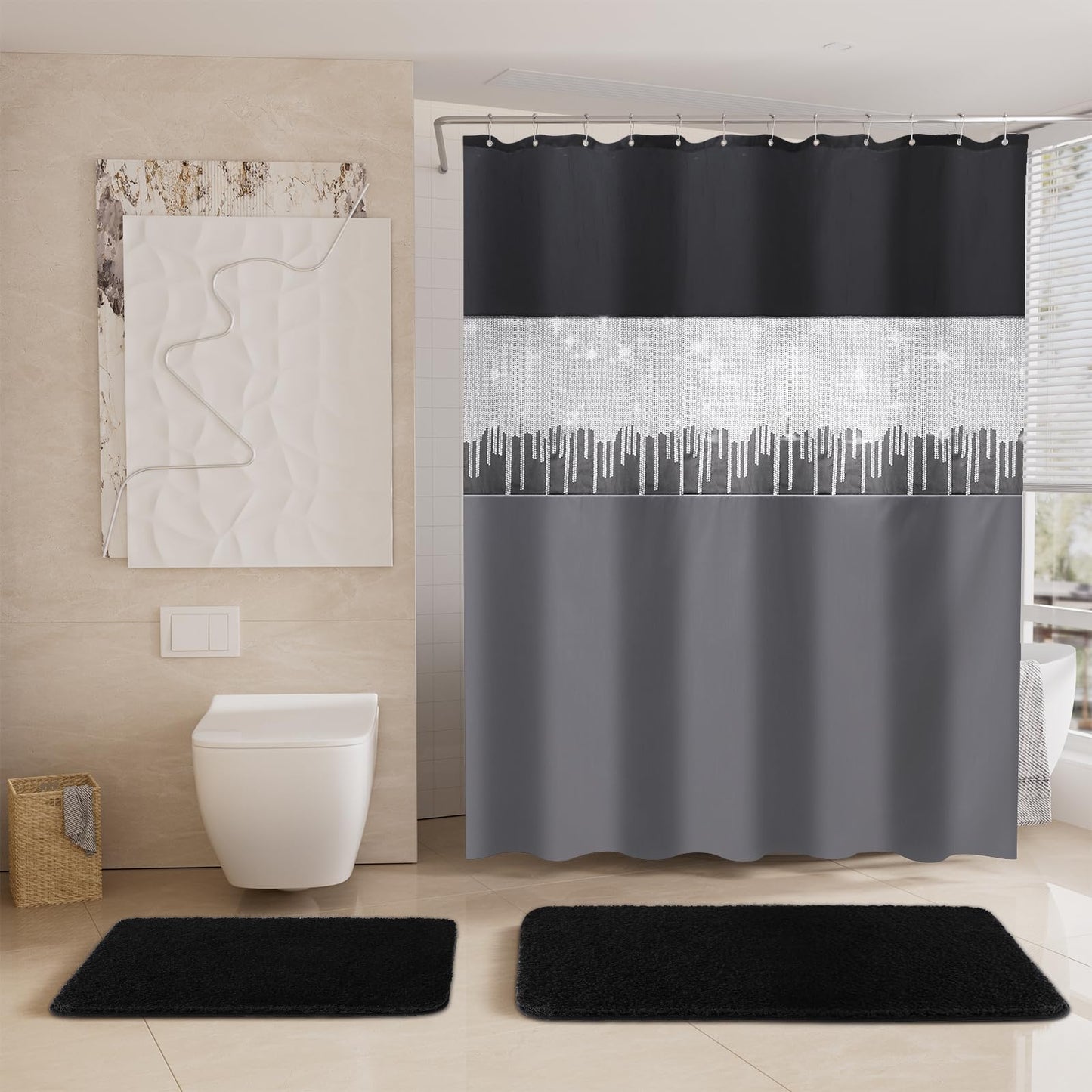 XLHOMO Shower Curtain Set Black Bathroom Sets with Shower Curtain and Rugs Glitter Waterproof Shower Curtain with Non-Slip Bathroom Rugs for Hotel Shower Bathroom Decor