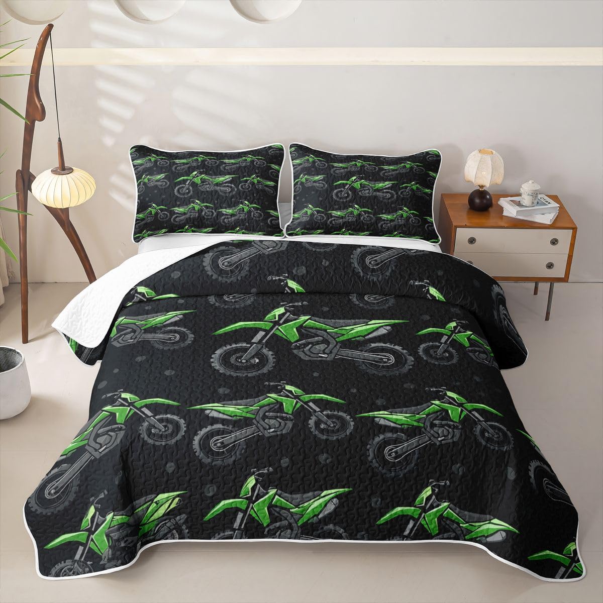 Erosebridal Green Motocross Quilt Set Dirt Bike Quilt Twin for Kids Boys Teens Men Racing Motocross Coverlet Cool Motorcycle Black Quilted Bedspread Bedroom Decor