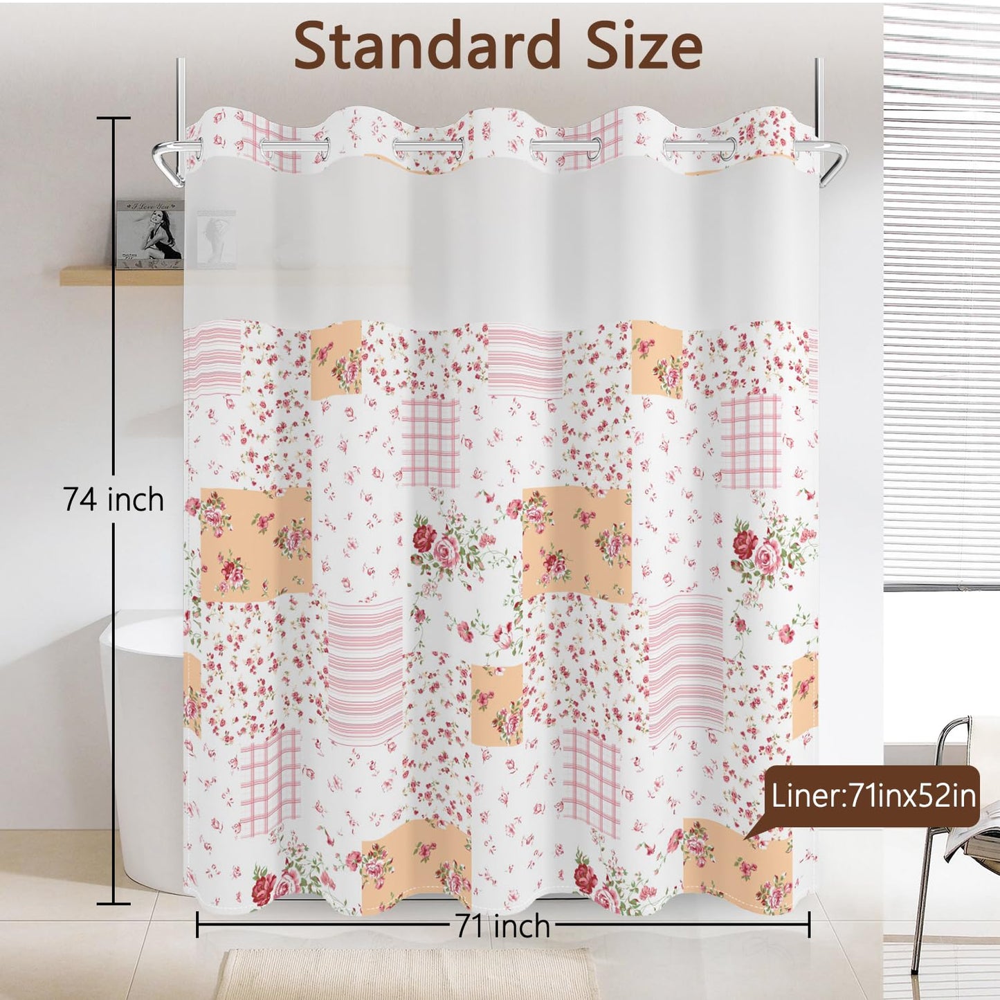 No Hook Shower Curtain with Snap in Fabric Liner Set, Waterproof & Washable, Patchwork Pink Rose Floral Shower Curtains for Bathroom, Farmhouse Rustic Flower Bathroom Curtain, House Gift, 71x74 inch