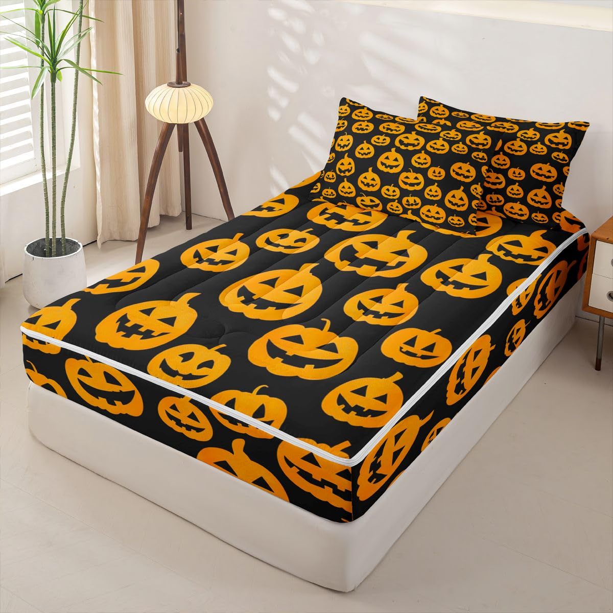 Feelyou Spooky Pumpkin Zipper Bedding Sets for Kids Boys Girls Halloween Themed Queen Comforter Set with Fitted Sheet Trick or Treat Bedroom Decor Graveyard Microfiber with 2 Pillow Cases