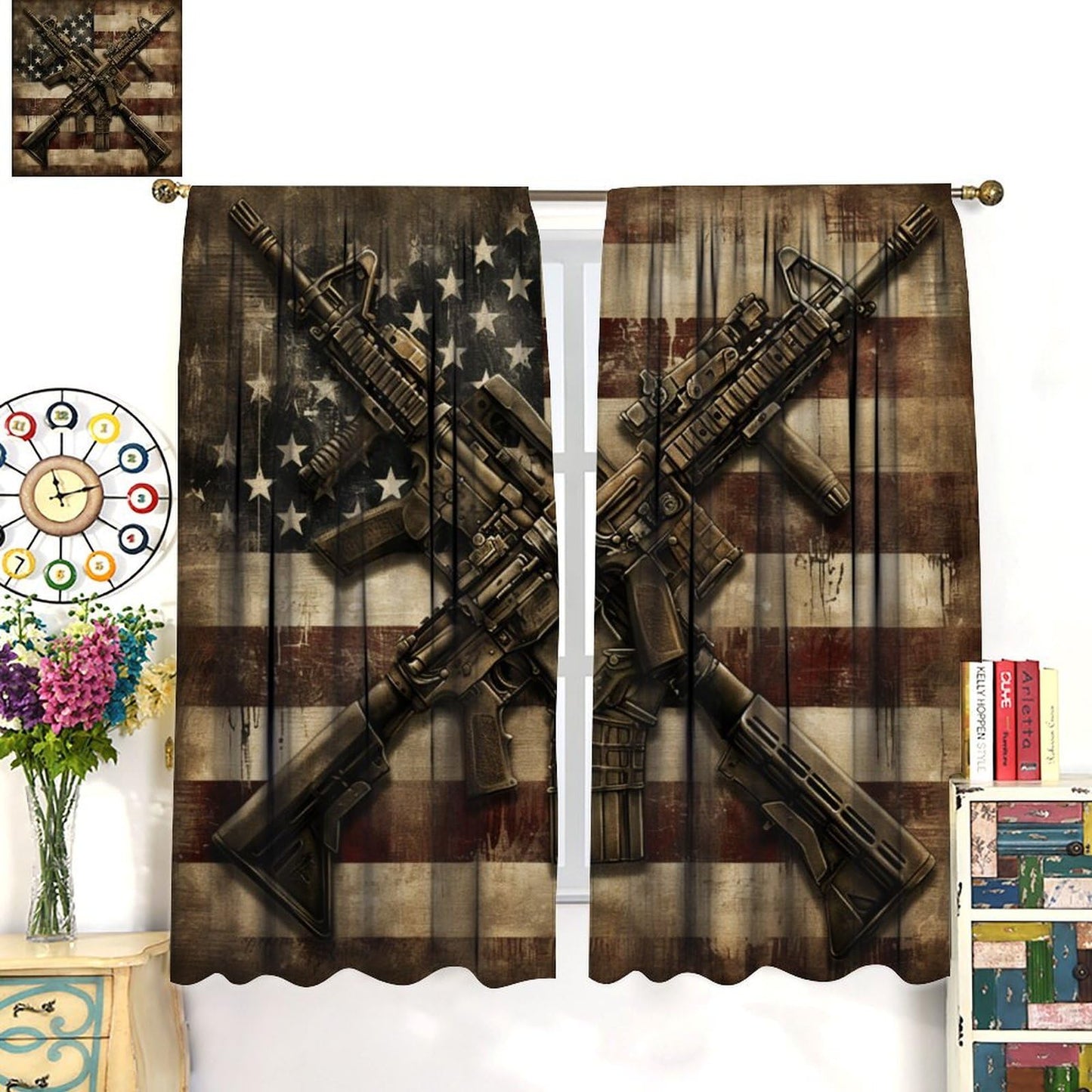TOWINSFB Gun USA Flag Blackout Curtains for Bedroom Living Room, American Flag Patriotic Military Thermal Insulated Room Darkening Curtain- 2 Panels 45" L x 42" W