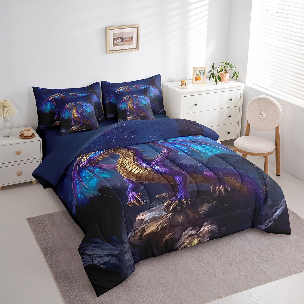 Erosebridal Western Dragon Bedding Set for Boys,Galaxy Starry Sky Twin Comforter Set 7 Piece for Kids Teen Men Magical Dragon Bed in A Bag with Sheets Fantasy Animal Sheet Set with Comforter