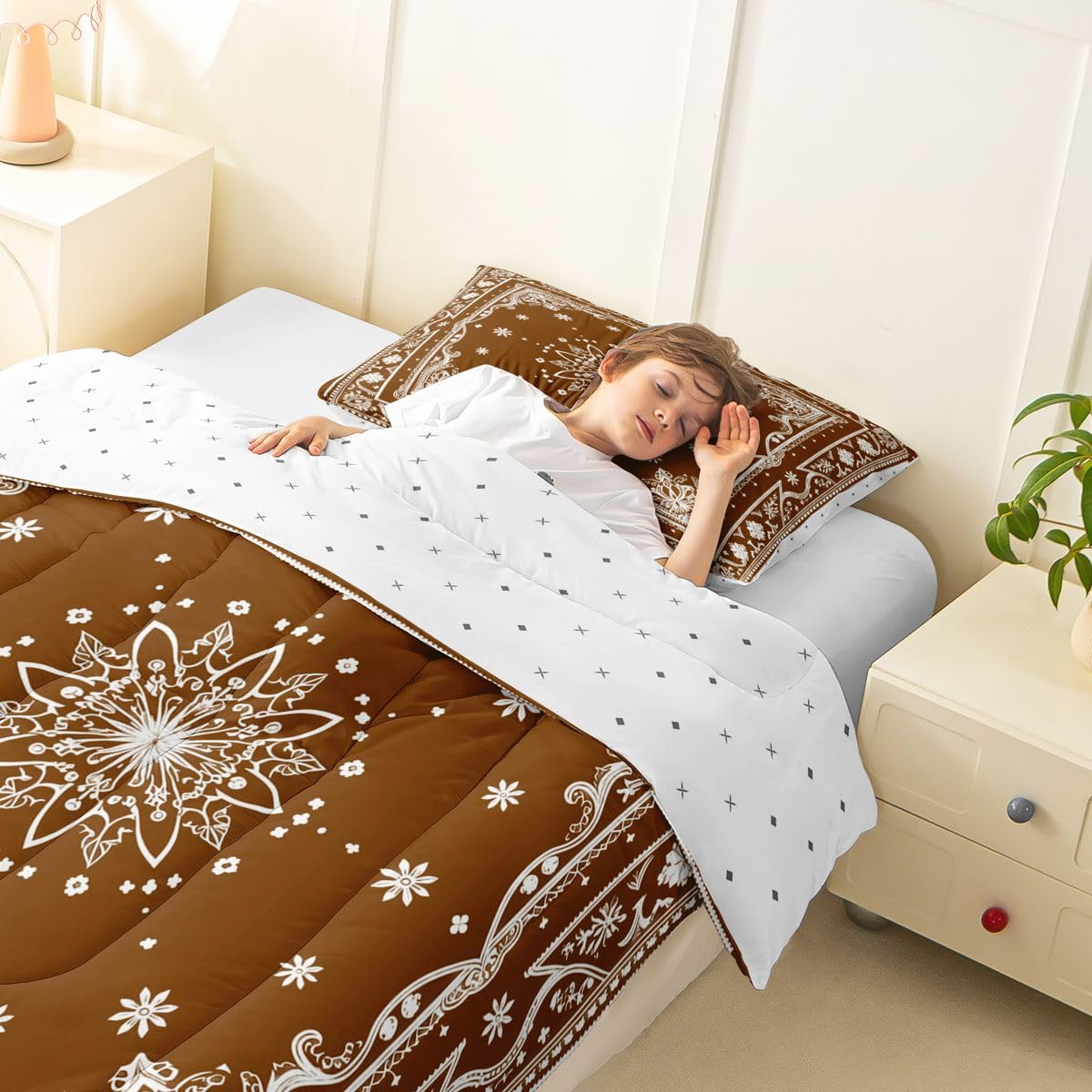 Feelyou Flower Kids Comforter Set Toddler Size Paisley Bedding Set Boho Paisley Brown Print Duvet Quilt for Kids Boys Girls Bedroom Bohemian Exotic Style Decor Microfiber Ultra Soft Breathable