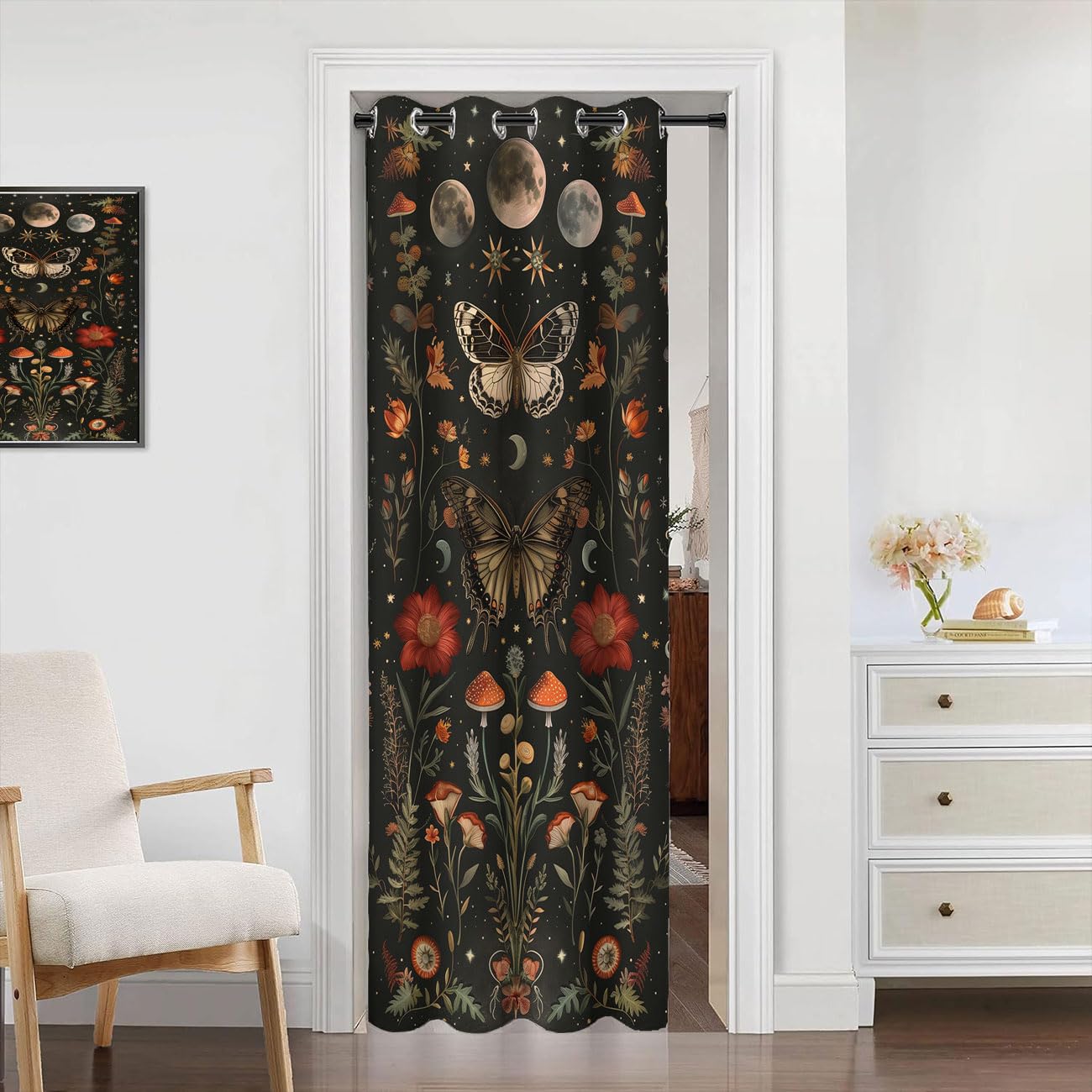Fangpamz Moth Butterfly Door Curtain for Doorway, Mushroom Moon Phase Boho Flowers Closet Door Cover, 1 Panel 34" W x 80" L