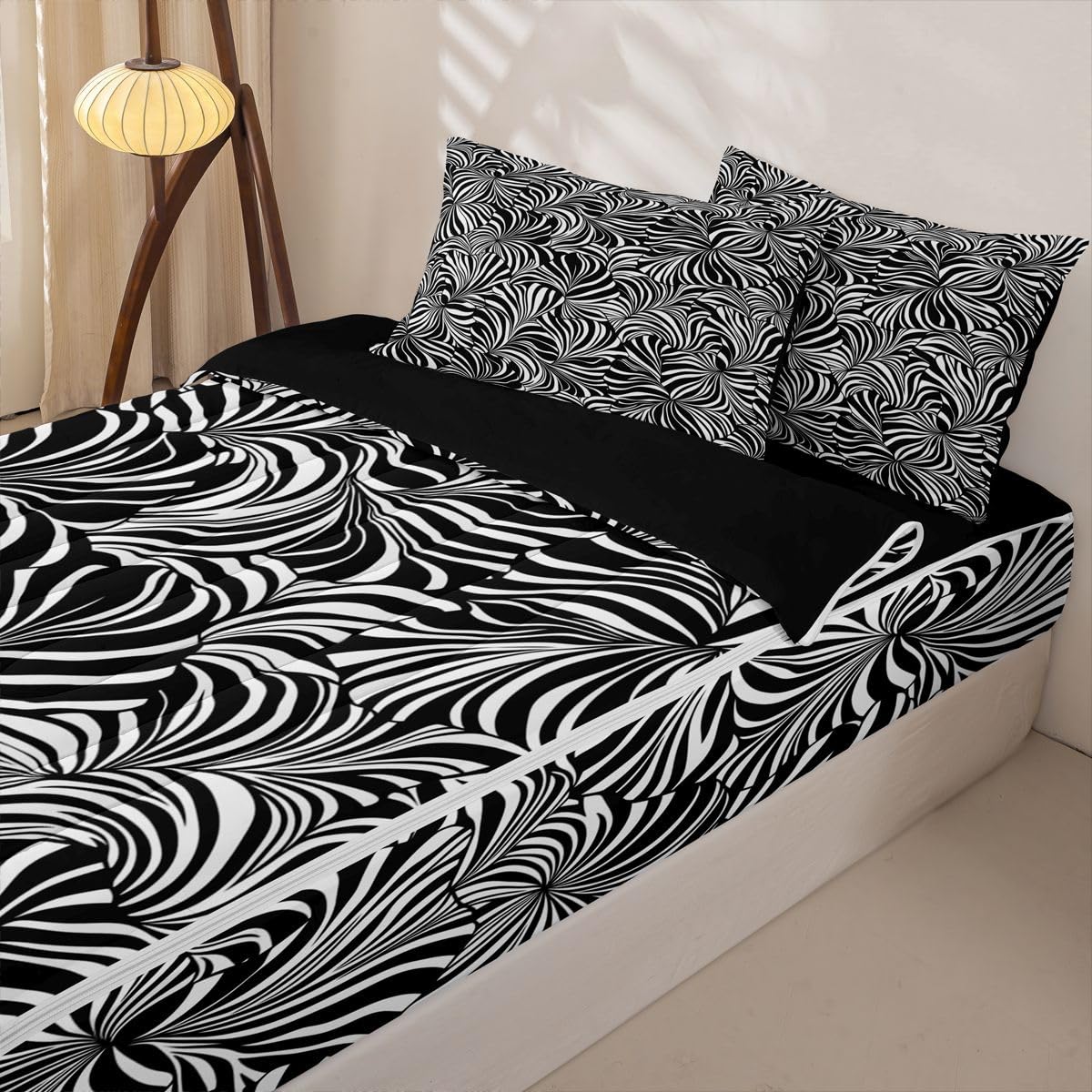 Erosebridal Striped Art Zipper Bedding Abstract Geometric Full Zip Up Comforter Set for Teens Adults White Black Swirl Lines Sheets and Pillowcases Aesthetic Geometric Bedroom Decor