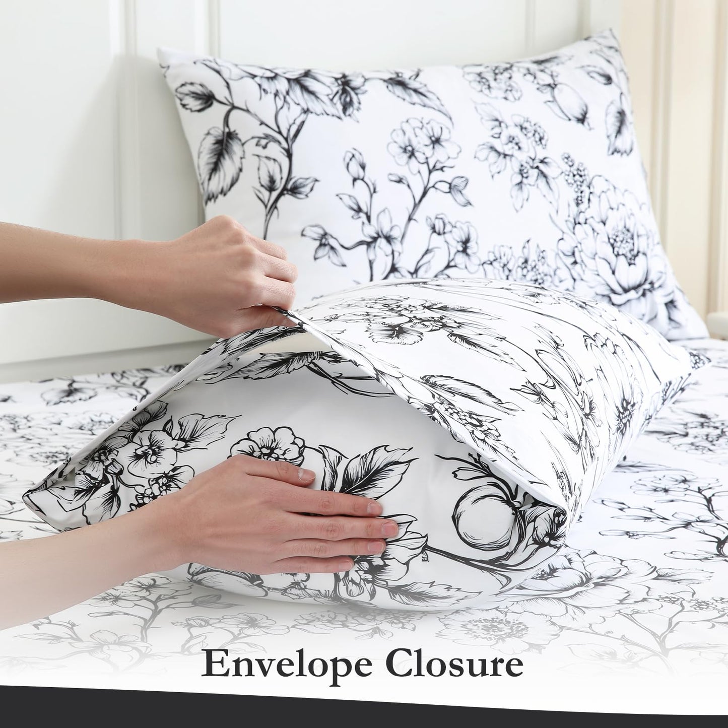 MICORAL Queen Sheet Set Boho Floral Sheets, 4-Piece Printed Botanical Bed Sheets, 16" Deep Pocket, Ultra Soft & Cooling Sheet, Oeko-TEX Certified, Black White Flower