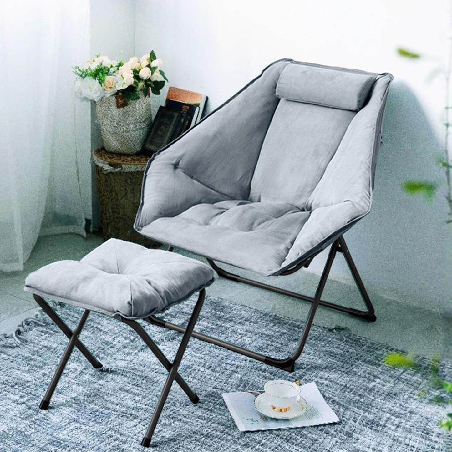 Hexagon Foldable Living Room Chair, Saucer Chair for Adults, Comfy Bedroom Lounge Chair, Moon Chair, Lazy Folding Chair for Dorm Rooms (Ottoman-Grey)