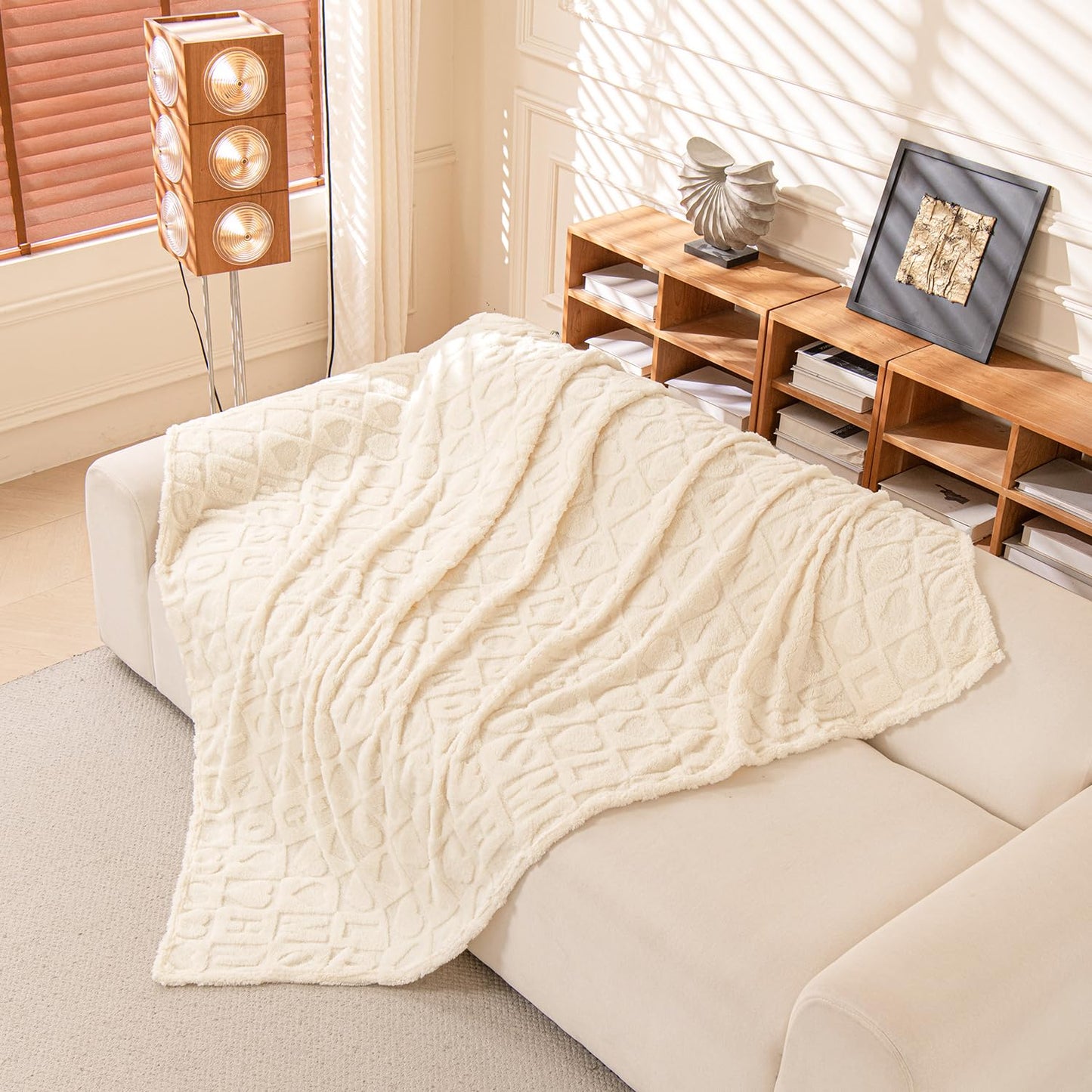 KOTTOMFY Neutral Beige Throw Blanket 80x90 Inches, Large Farmhouse Blanket Throw for Bed and Couch, Cozy Fall Blanket for Living Room Gifting