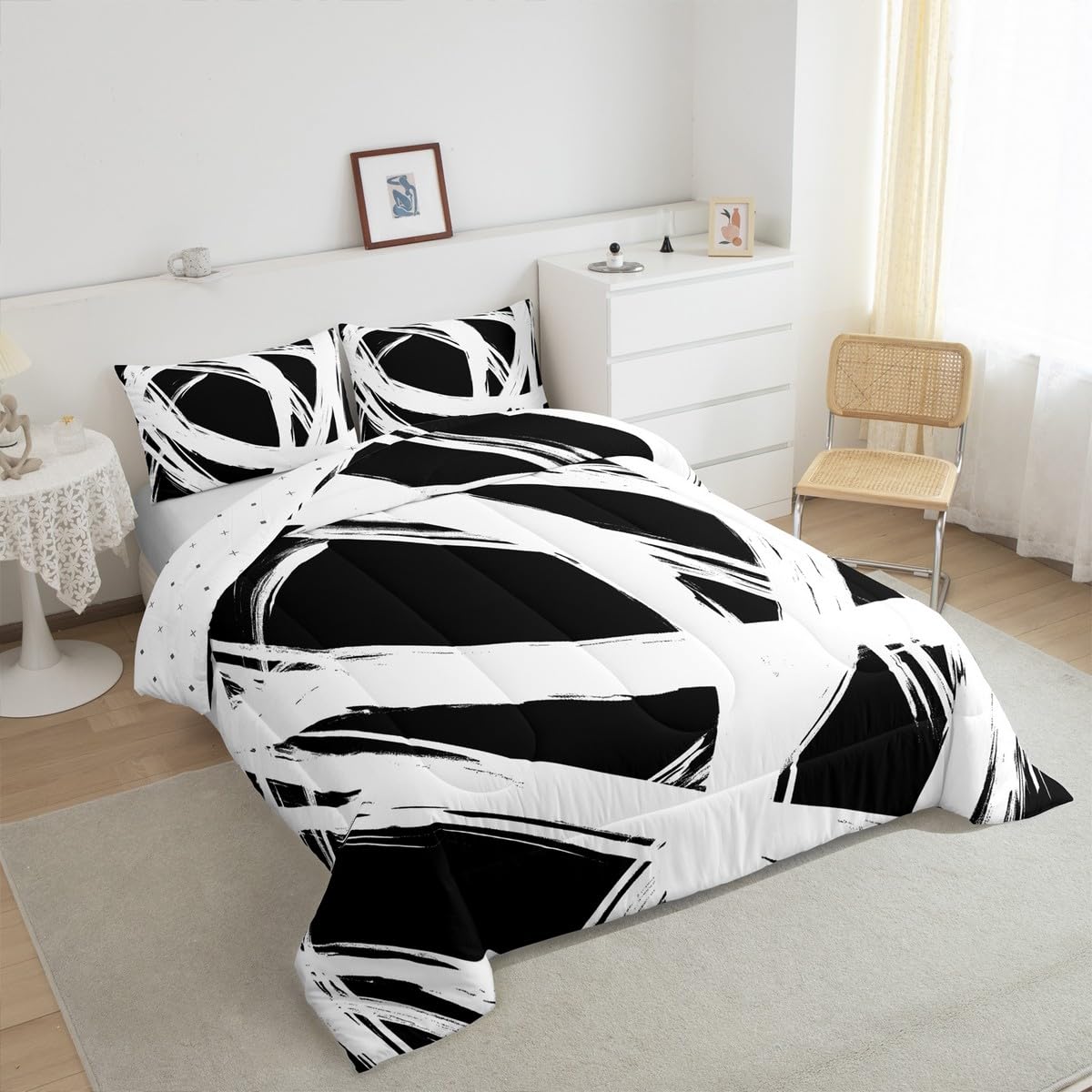 Erosebridal White and Black Abstarct Queen Comforter Set for Adult Women Men, Geometric Striped Bedding Set for Minimalists,Graffiti Aesthetic Lines Quilt,Contemporary Boho Modern Art Duvet Insert