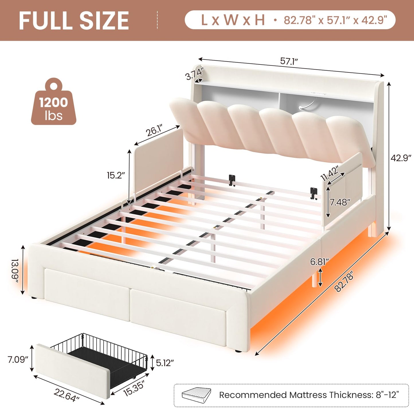 DICTAC Full Size LED Bed Frame with Storage Drawer and Safety Guardrails, Velvet Upholstered Platform Bed for Kids with Chic Wavy Storage Headboard, Charging Station, Heavy Duty Metal Support, Beige