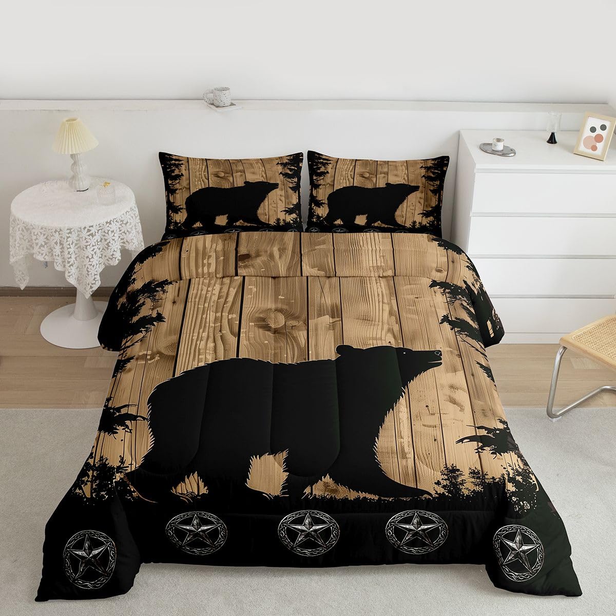 jejeloiu Bear Bedding Set Soft for Boys Girls, Wild Animal Comforter Set Queen Size Wild Retro Wood Duvet Quilt Microfiber Rustic Cabin Country Bedroom Decor 3 Pcs with 2 Pillow Cases