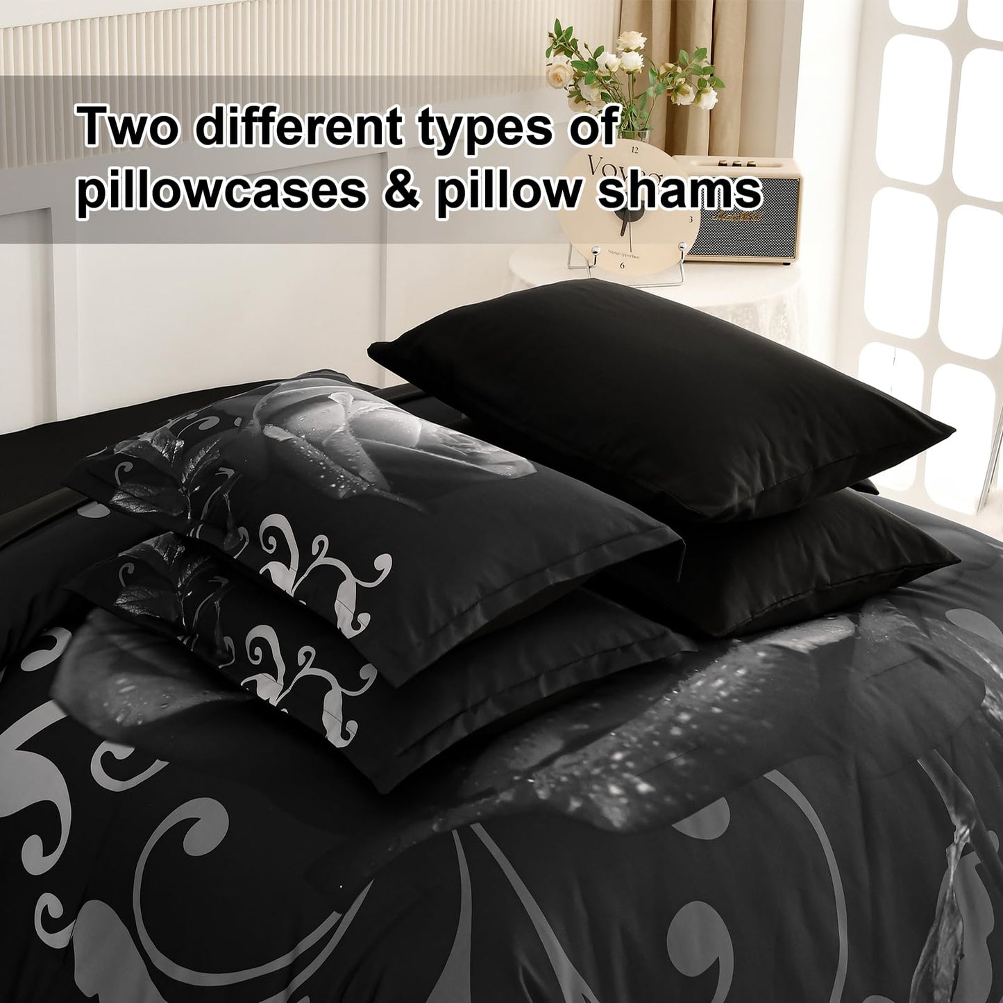 Xruibed Floral Comforter King Black Bed in a Bag Rose 7PCs Comforter Set Soft Micorfiber Bedding Set (1 Comforter,2 Pillow Shams,1 Flat Sheet,1 Fitted Sheet,2 Pillowcases)