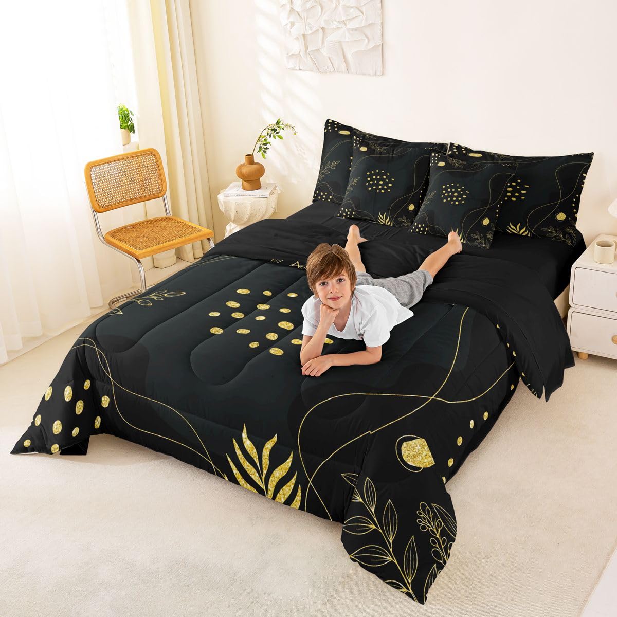 Erosebridal Mid Century Full Size Bed Sheets and Comforter Set Geometric Lines 7 Piece Bedding Set Boho Black Gold Bed in a Bag, Abstract Art Room Decor
