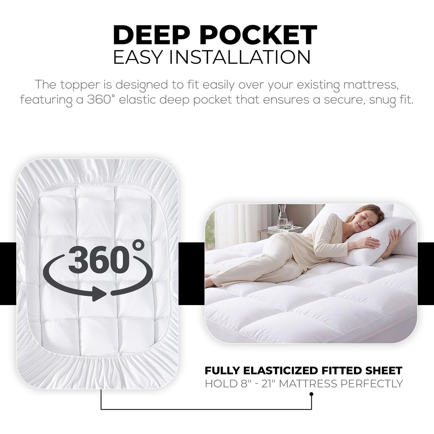 Queen Mattress Topper Cooling Pillow Top Extra Thick, Plush Mattress Pad for Back Pain Relief, Breathable Quilted Bed Topper with Deep Pocket 8–21”, Down Alternative Filling
