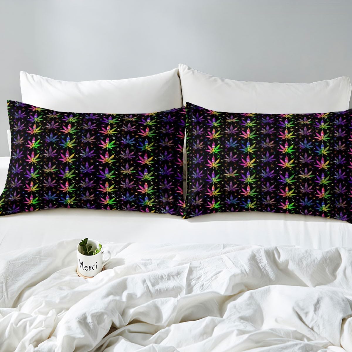 Shiny Cannabis Leaves Bed Sheet Set Twin Size,Colorful Marijuana Leaves Fitted Sheet + 1 Flat + 1 Pillow Sham,Boho Botanical Rainbow Bedding Set for Kids Boys Bedroom Xmas Gift, Soft Fabric