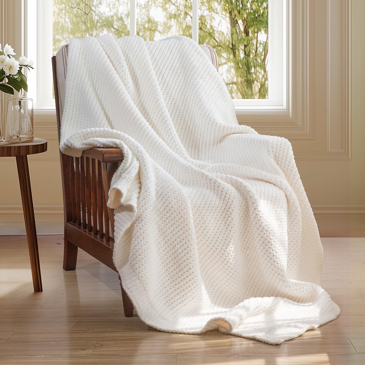 blunique Waffle Knit Throw Blanket, Luxury Cozy Chunky Knit Throw Blanket for Couch, 50 x 60 Inch Thick Ultra-Soft Feather Yarn Knitted Blanket for Sofa, Bed, Home Decor - Off White
