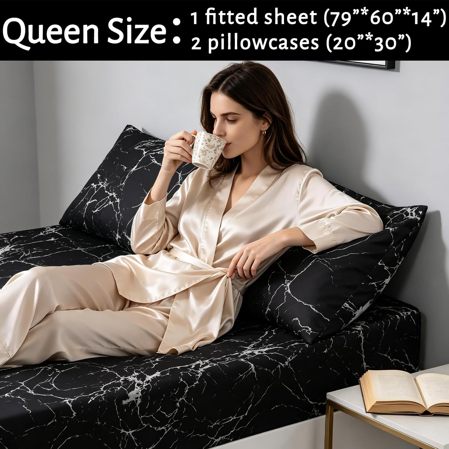 MAG 3PCS Black Marble Fitted Sheet Queen,Soft Microfiber Bed Sheets Included 1 Fitted and 2 Pillowcases,14 Inches Deep (Queen, Black)