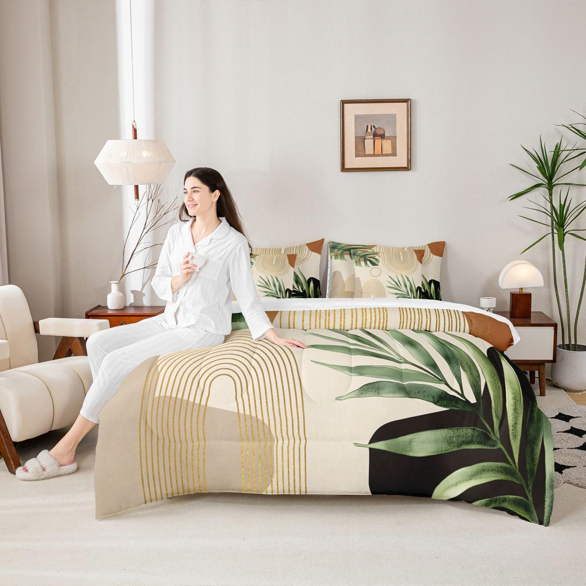 Erosebridal Boho Sage Green Full 7 Pcs Bedding Set, Abstract Bohemian Mid Century Comforter Set with Sheets, Modern Golden Geometric Minimalist Bed in A Bag, Plant Botanical Palm Leaf Bed Sets