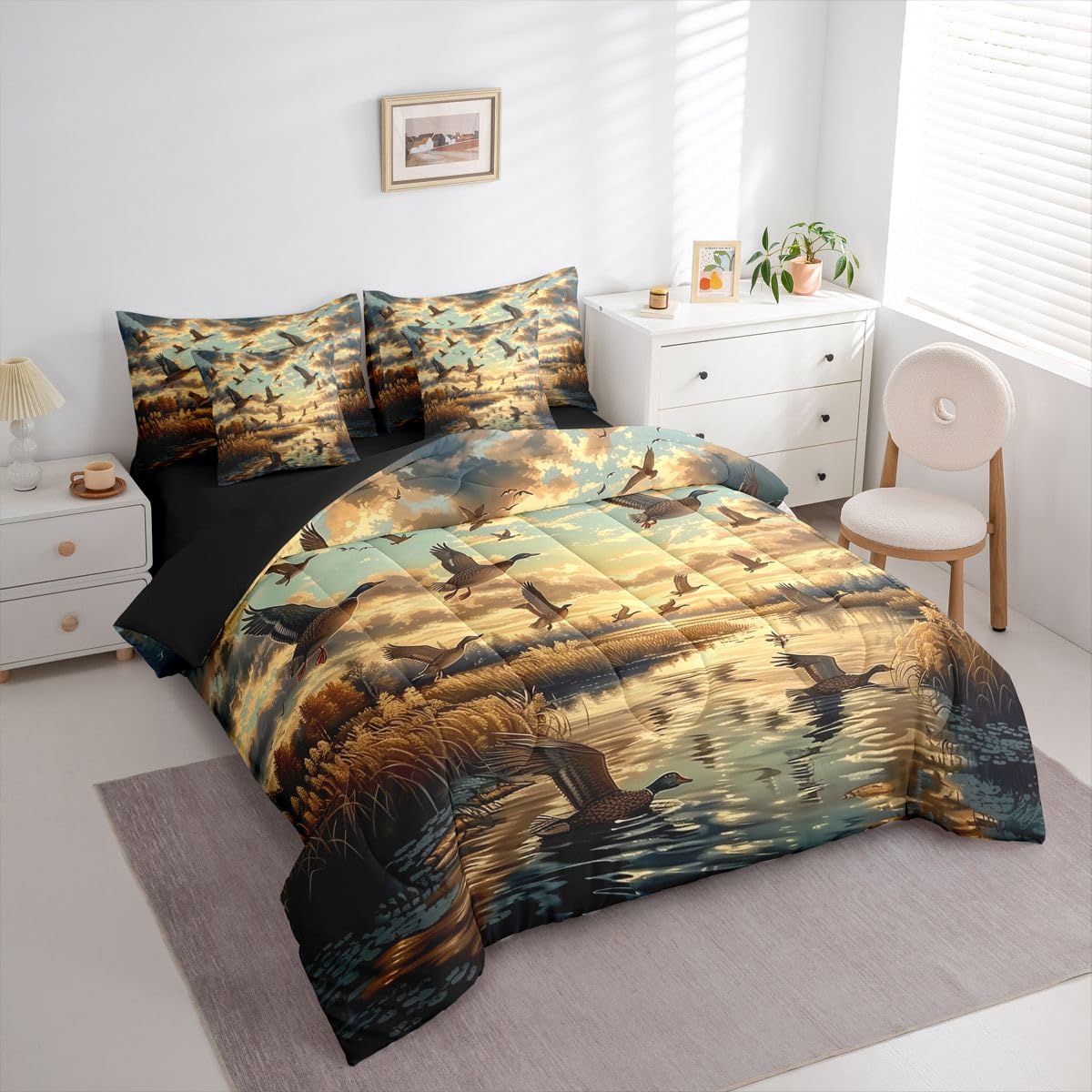 Erosebridal Reed Marshes 7 Piece Bedding Set Queen Mallards Comforter Set with Sheets Wild Ducks Clouds Wild Animal Theme Bed in a Bag Sunset Trees Hunting Waves for Teens Men Women