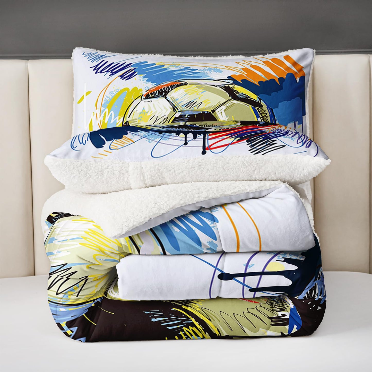 QOOMO Soccer Sherpa Fleece Comforter Set Boys Sports Bedding Set King Size for Kids Teens Hand Drawn Football Graffiti Style Design 3 Piece with 1 Comforter 2 Pillowcases