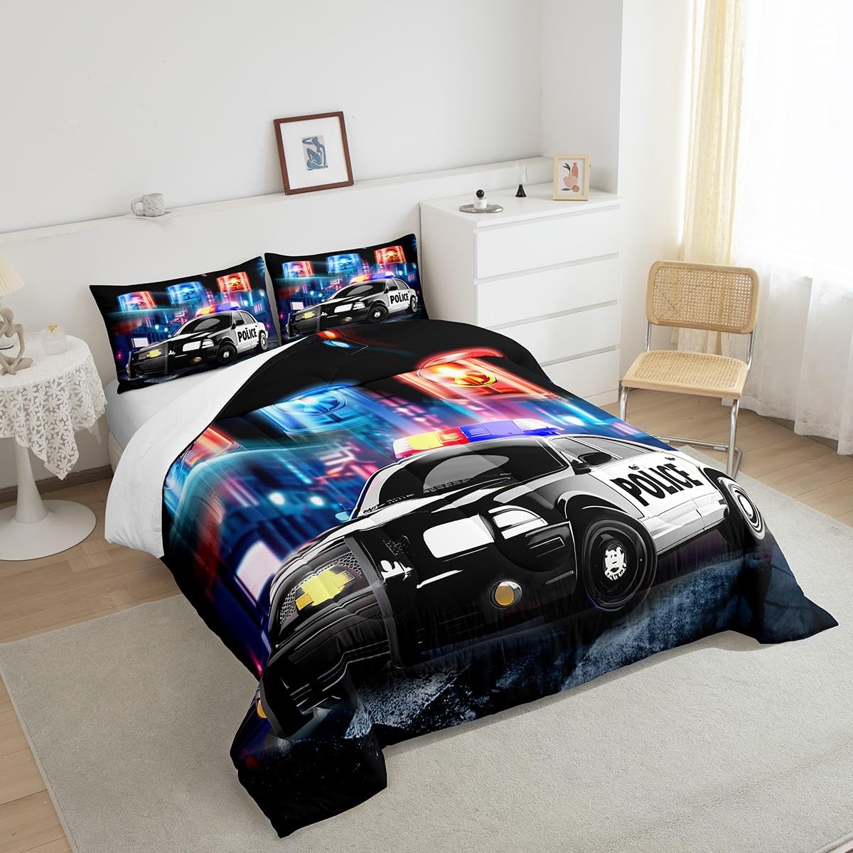 Feelyou Kids Police Car Toddler Bedding Set Policeman Boys Comforter Set for Adults Girls Black The Polica Vehicle Comforter Automobile Car Decor Quilt Set with 1 Pillowcase 2Pcs Bedding Twin