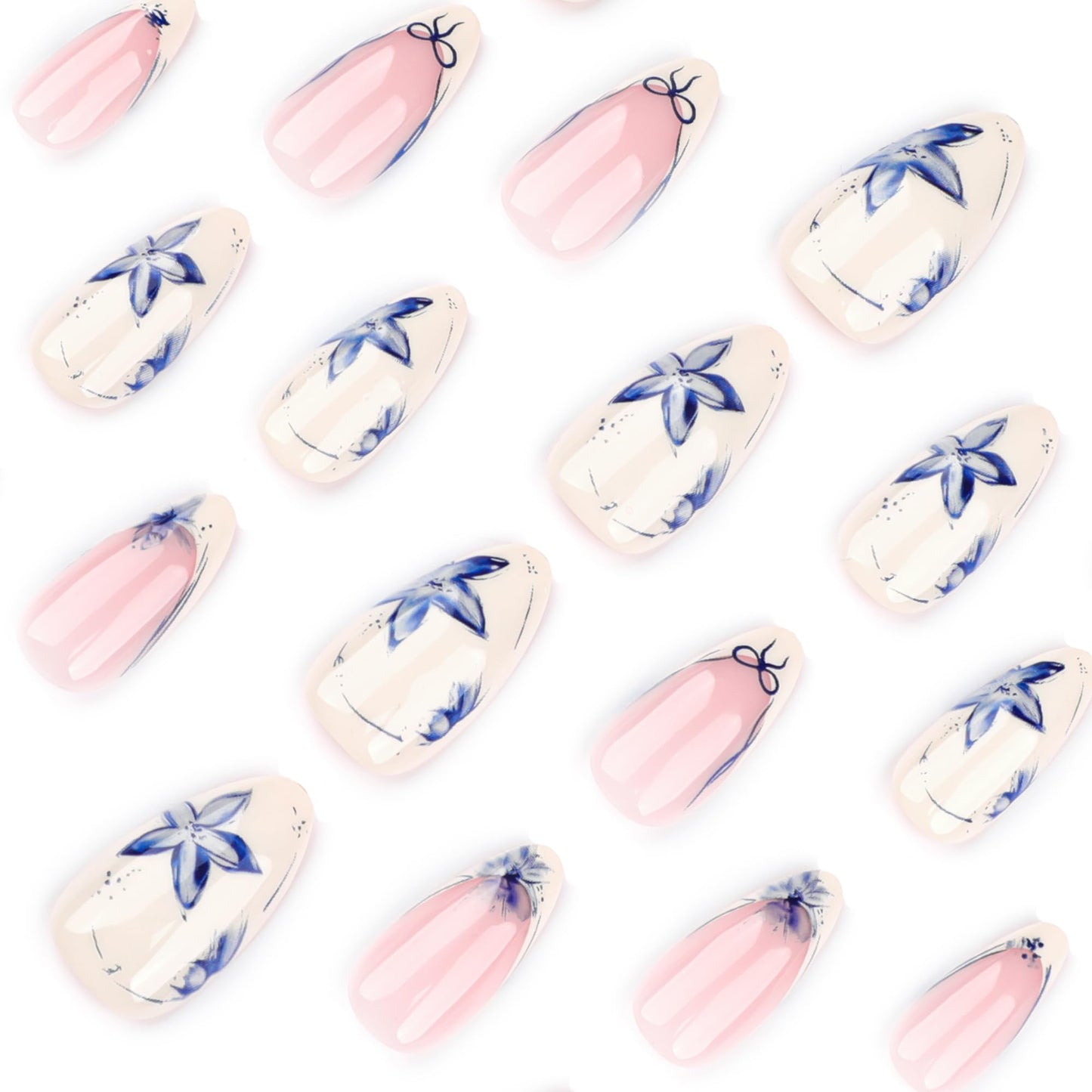 Stbisen Summer French Short Press On Nails Almond, Nude Fake Nails with Warm Ivory French Tip and Graceful Blue Floral Petal Design, Glossy Acrylic Nails, Natural Reusable Glue On Nails for Women