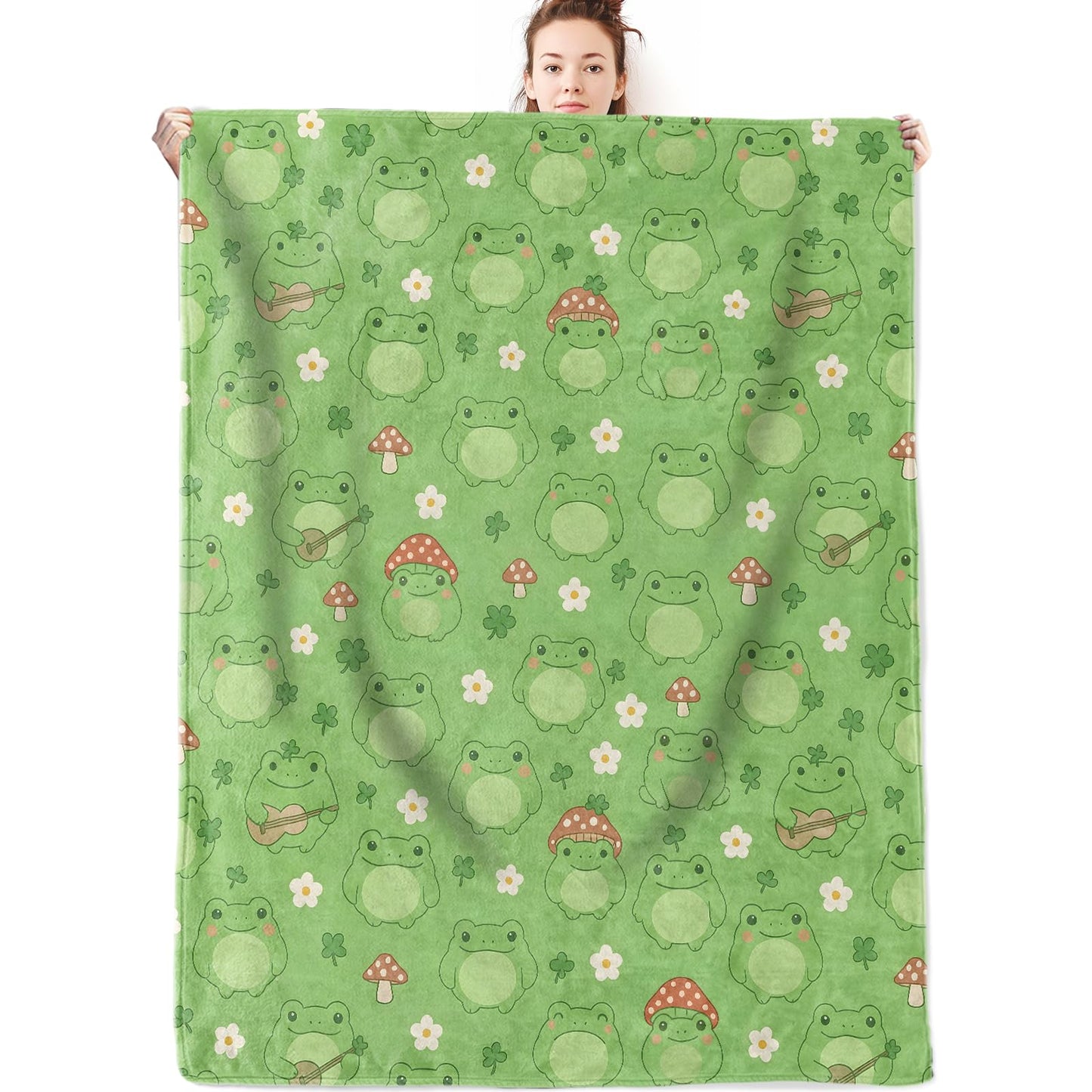 olpddz Cute Cartoon Frog Flannel Blanket Gifts for Animal Lover,60x50inch,Mushroom Flower and Leaf Throw Blankets with Green Background,for Bedroom,Sofa,Living Room,Camping Decor Throws