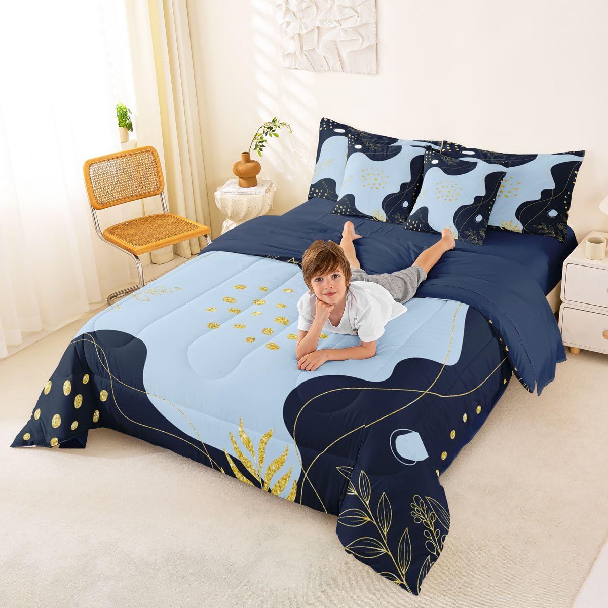Erosebridal Black and Blue Twin Comforter Set with Sheets Mid Century 7-Piece Bedding Set Modern Abstract Bed in a Bag, Boho Geometric Bed Sets