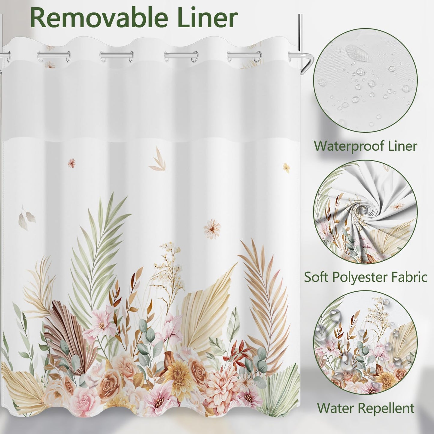 No Hook Shower Curtain with Snap in Fabric Liner Set, Waterproof & Washable,Tan Boho Watercolor Leaf Plant Floral Shower Curtains for Bathroom, Hotel Farmhouse Bathroom Curtain, House Gift, 71x74 Inch